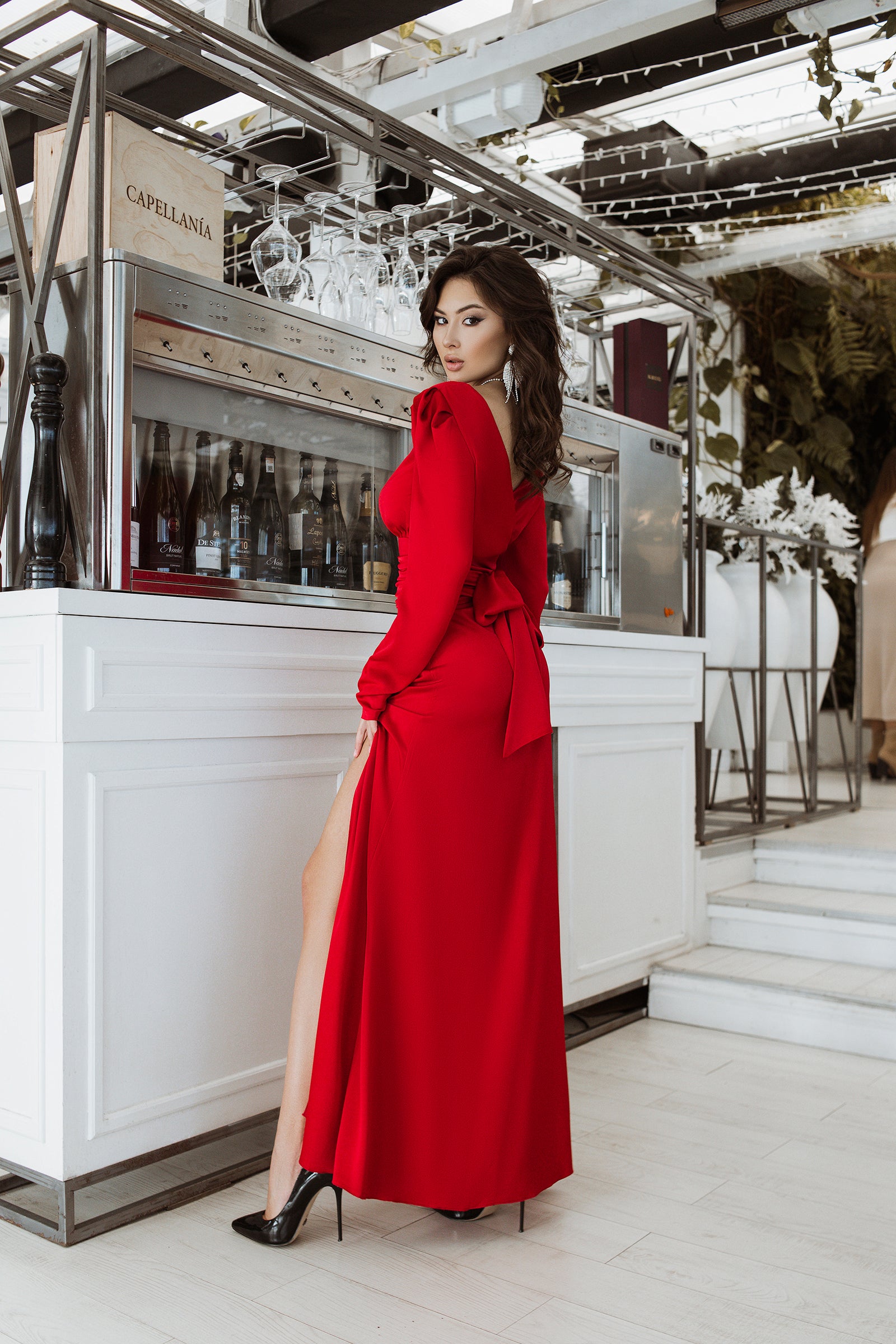 Red Puff Sleeve Belted Maxi Dress