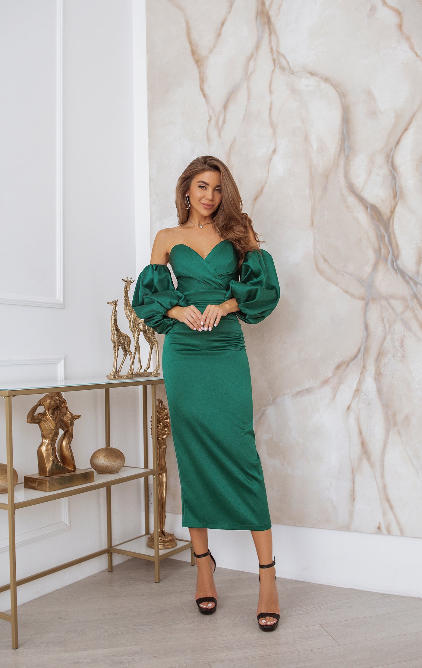 Emerald Puffed Sleeve Midi Prom Dress – ELAGIA