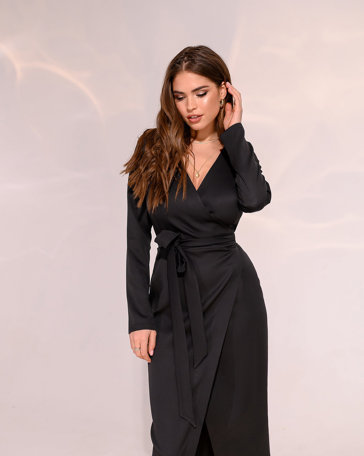 Black wrap shops maxi dress with sleeves