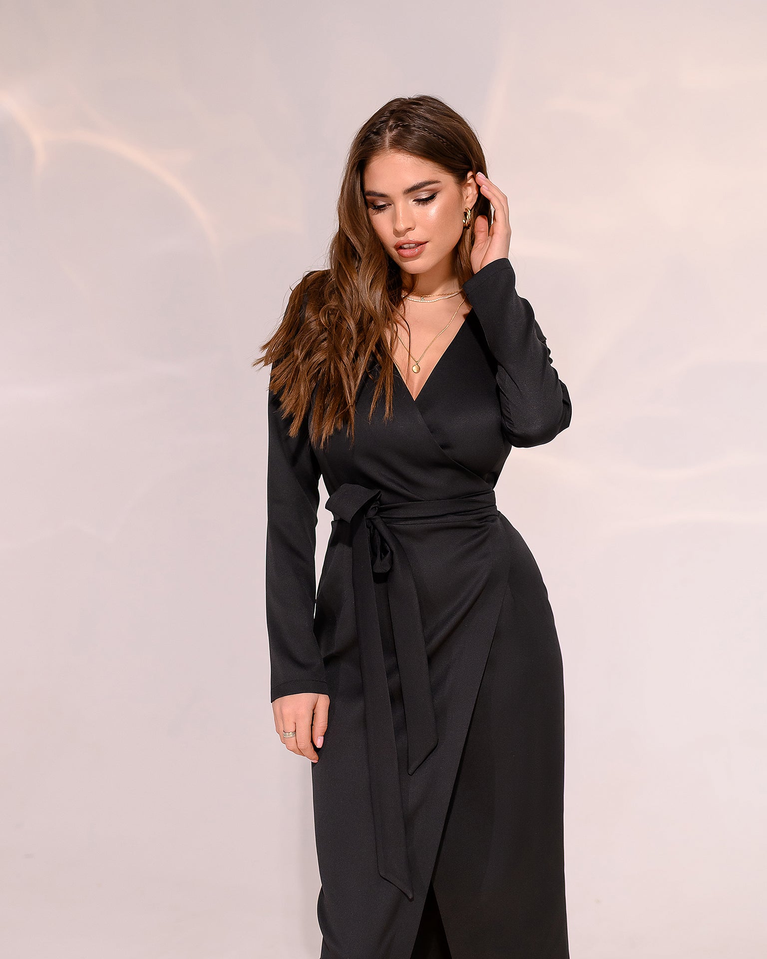 Black Wrap Long Sleeve Collarless Maxi Dress
