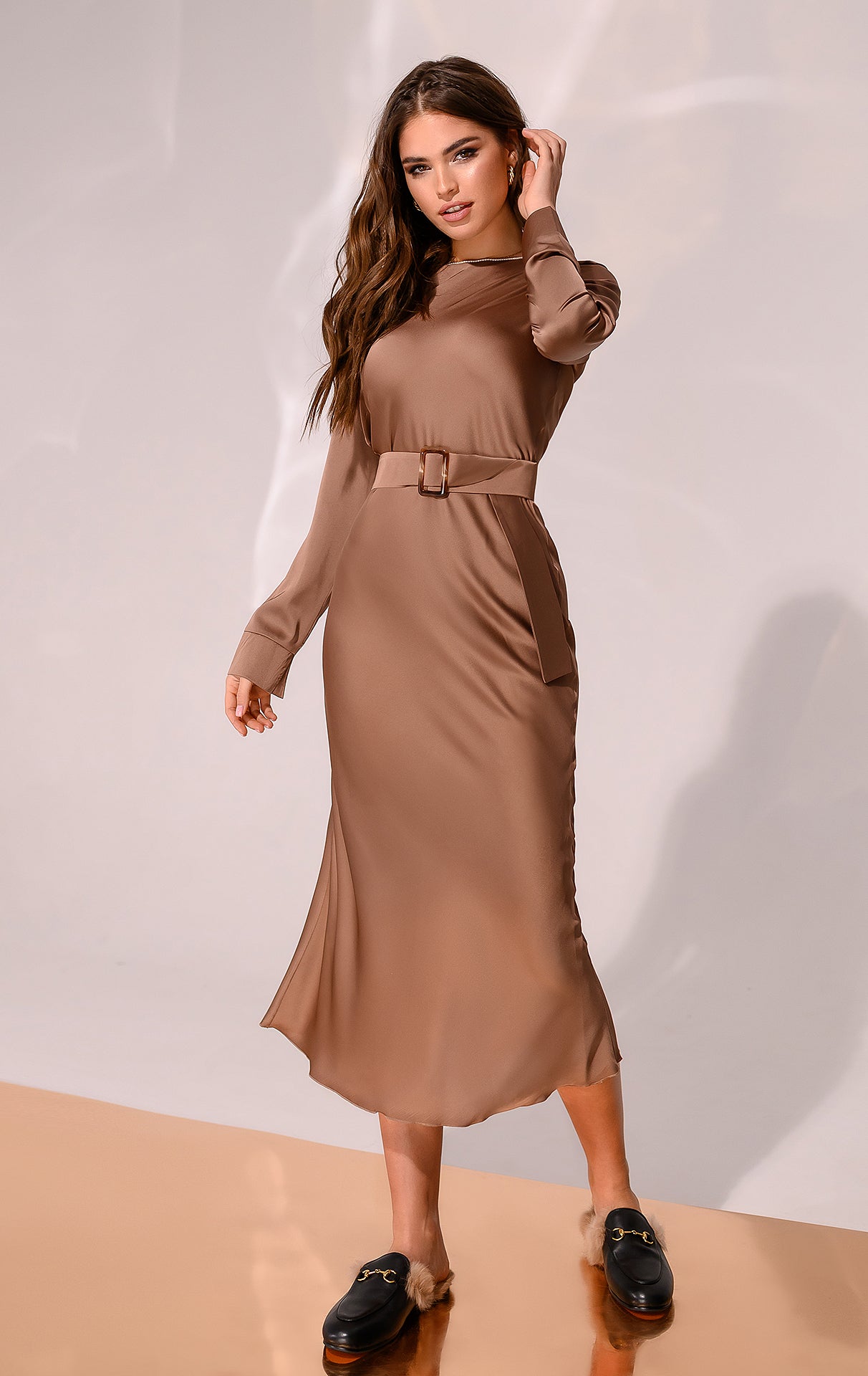 Bronze Silk Belted Midi Dress