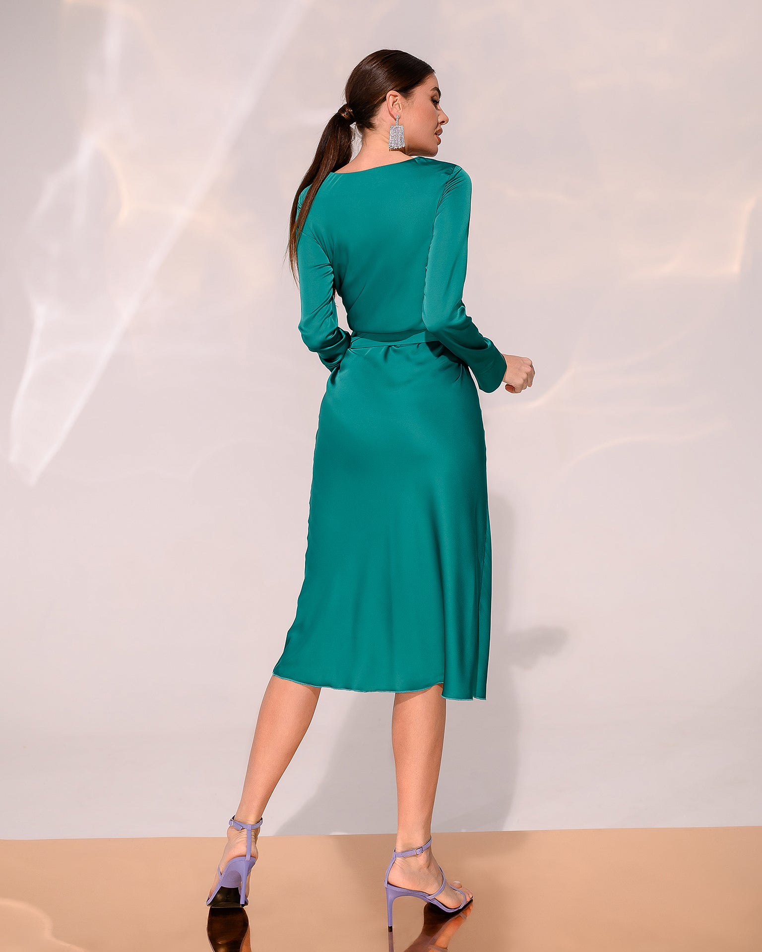 Green Silk Belted Midi Dress