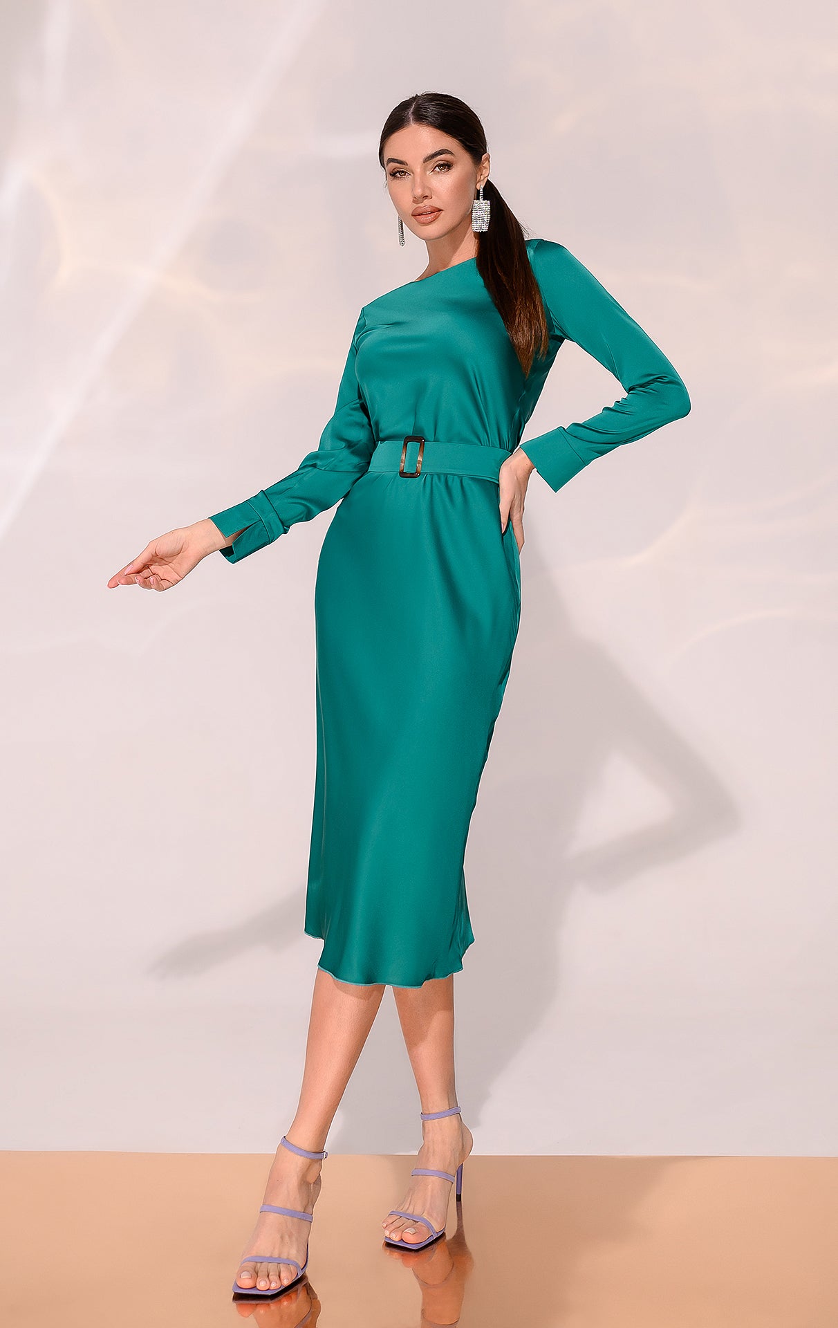 Green Silk Belted Midi Dress