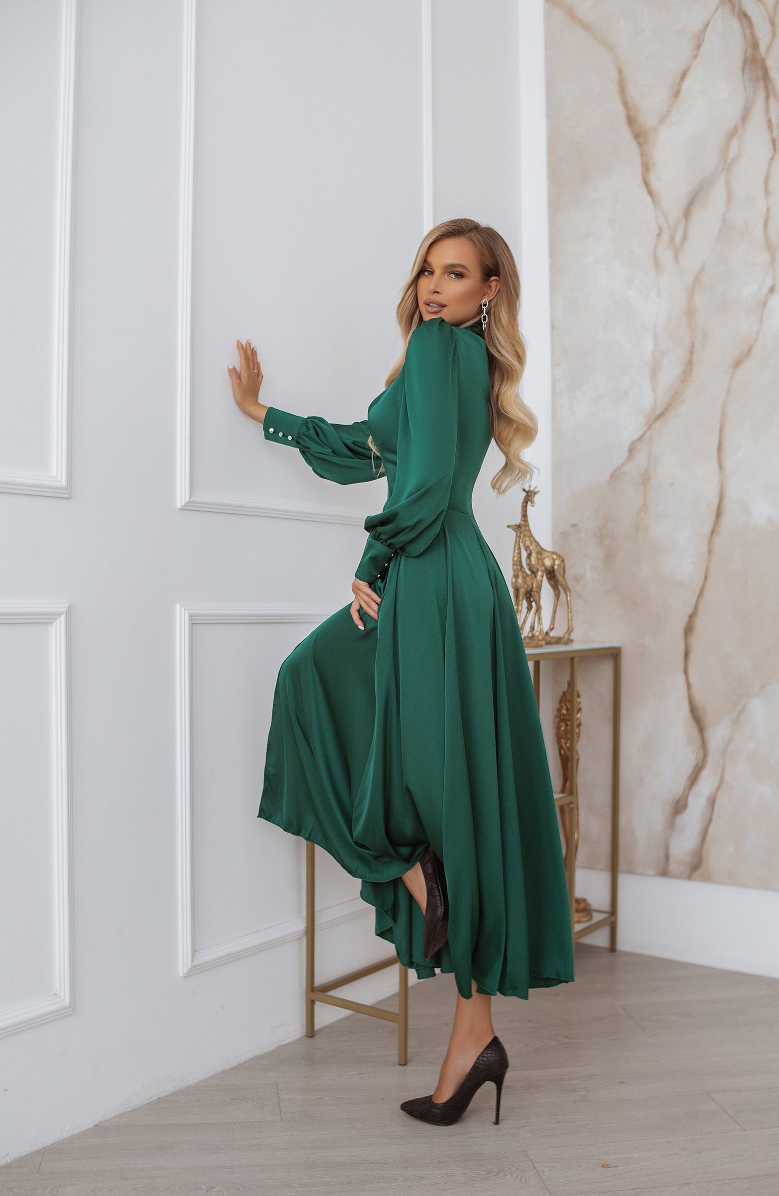 Emerald Silk Long Sleeve Maxi Dress ELAGIA