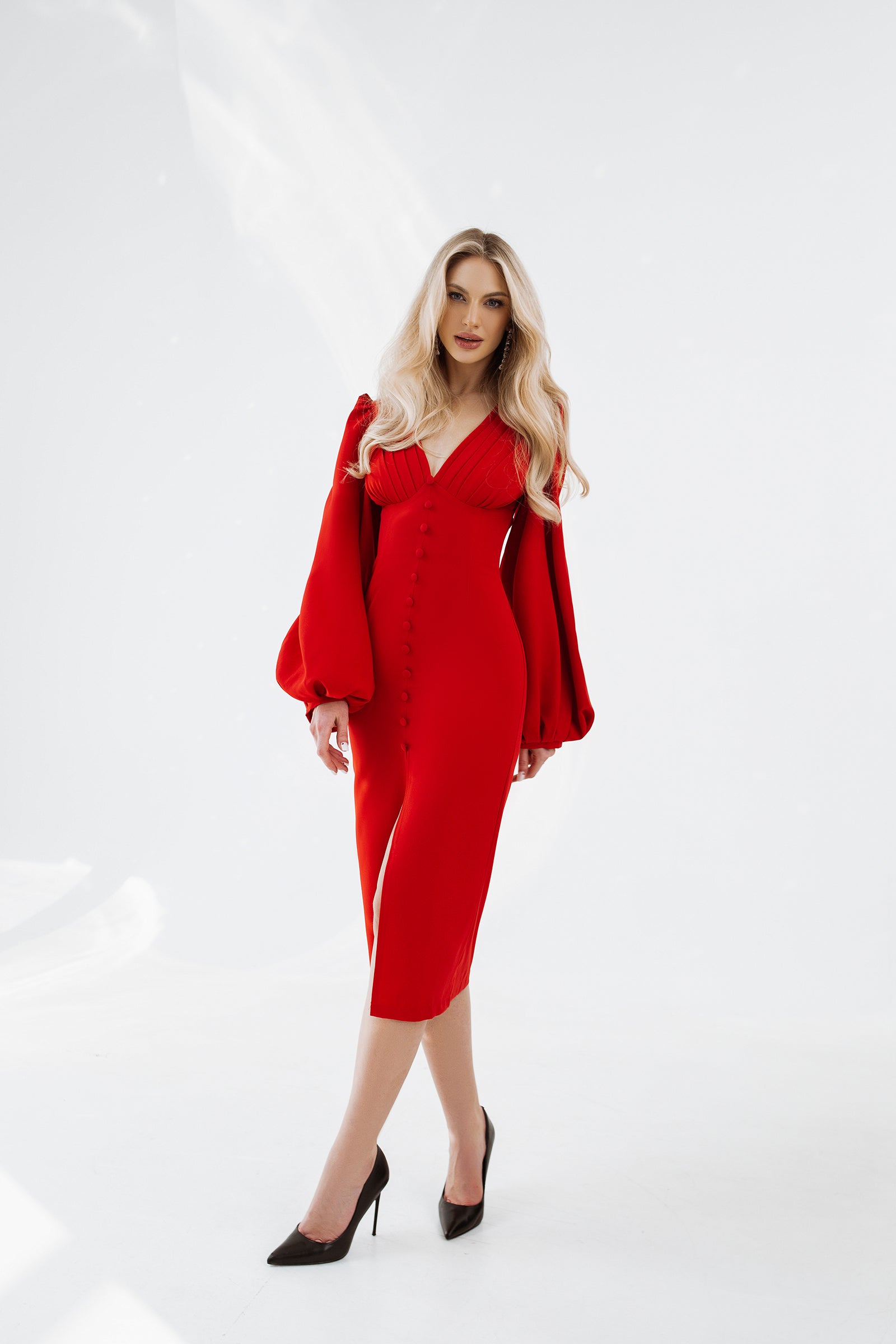 Red Backless Puff Sleeve Midi Dress