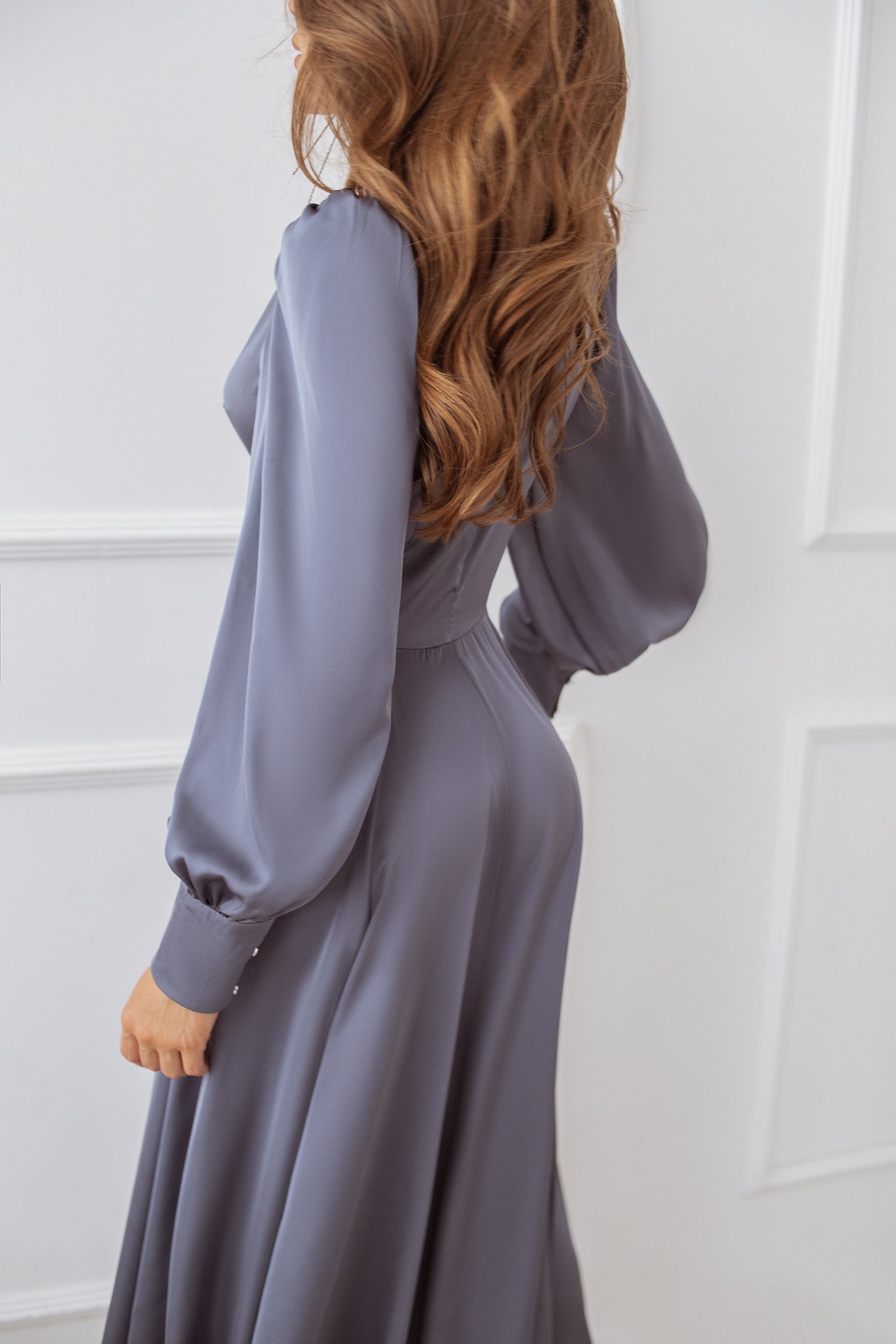 Graphite Silk Long Sleeve Maxi Dress