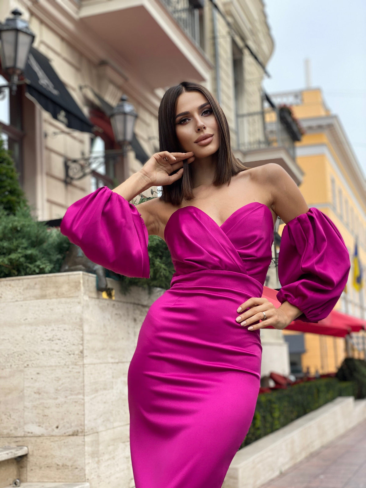 Fuchsia Puffed Sleeve Midi Prom Dress – ELAGIA