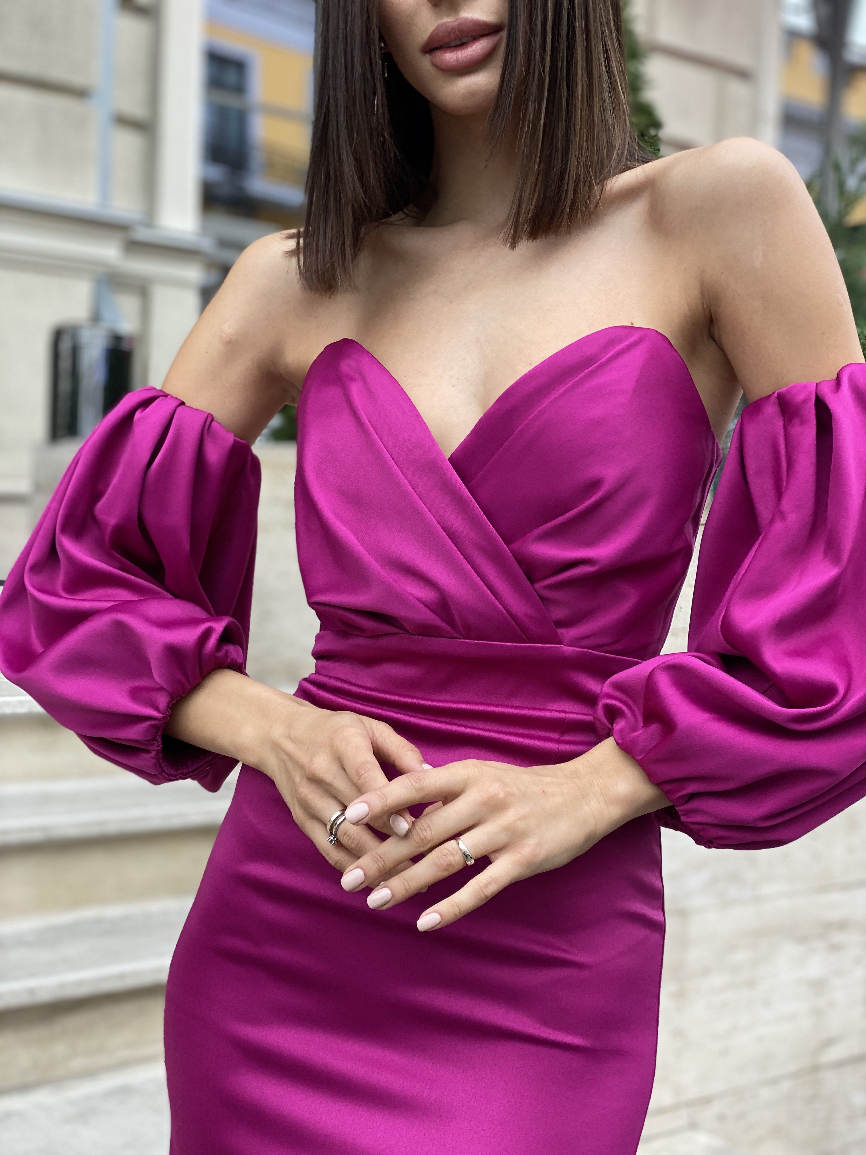 Fuchsia Puffed Sleeve Midi Prom Dress