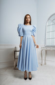 Sky-Blue Backless Puff-Sleeve Midi Dress - Sophisticated and Elegant