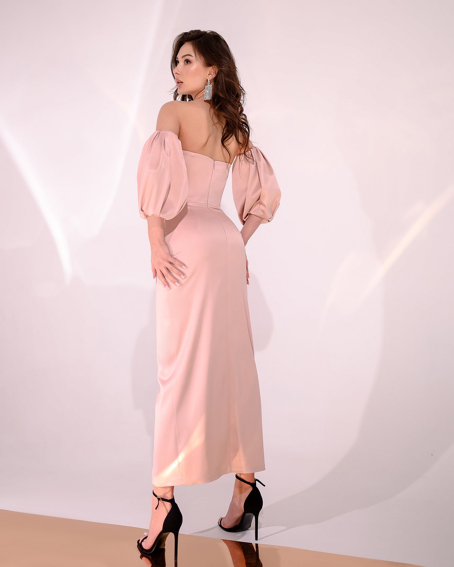 Dusty Pink Satin Puff-Sleeve Midi Dress