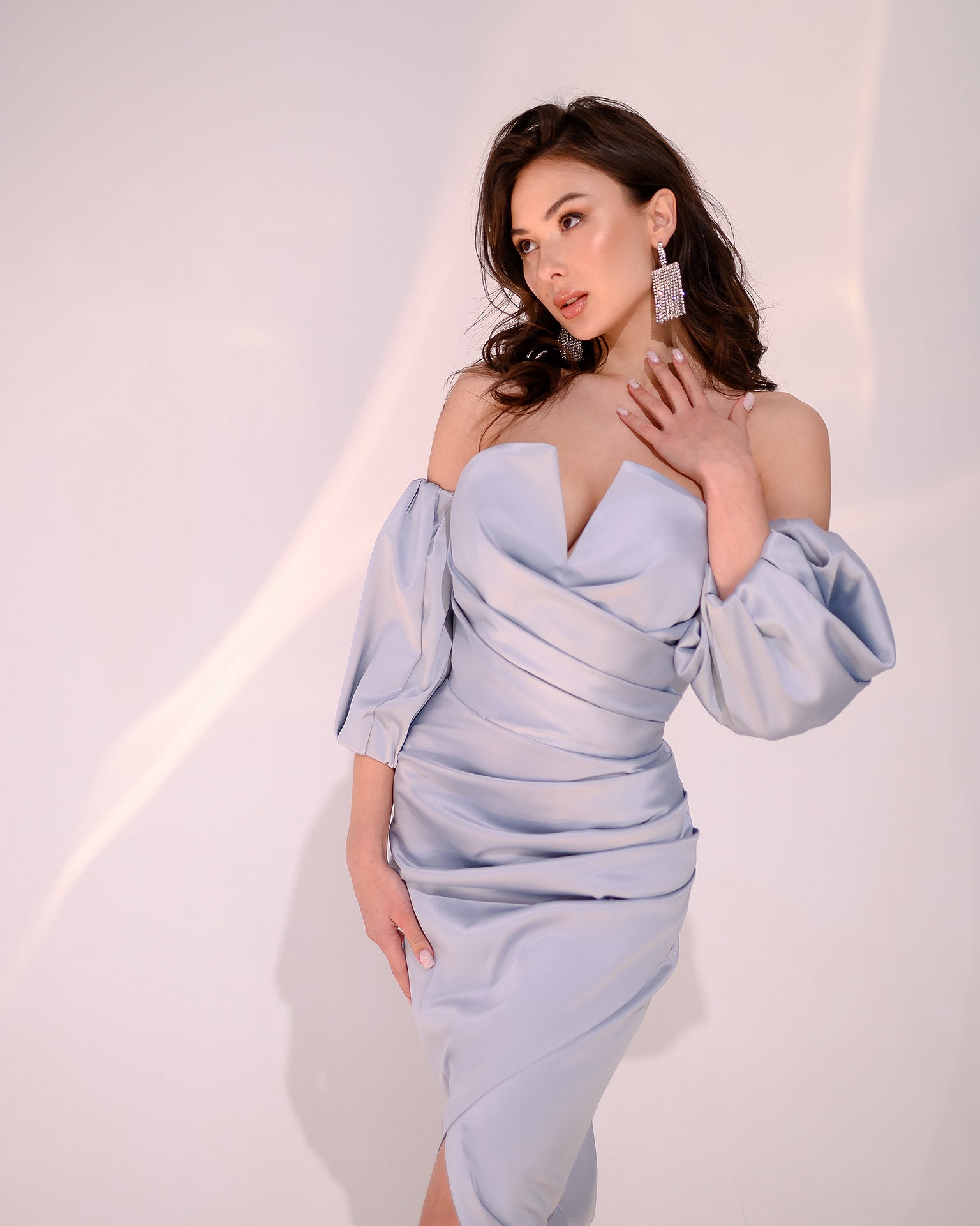 Grey-Blue Satin Puff-Sleeve Midi Dress