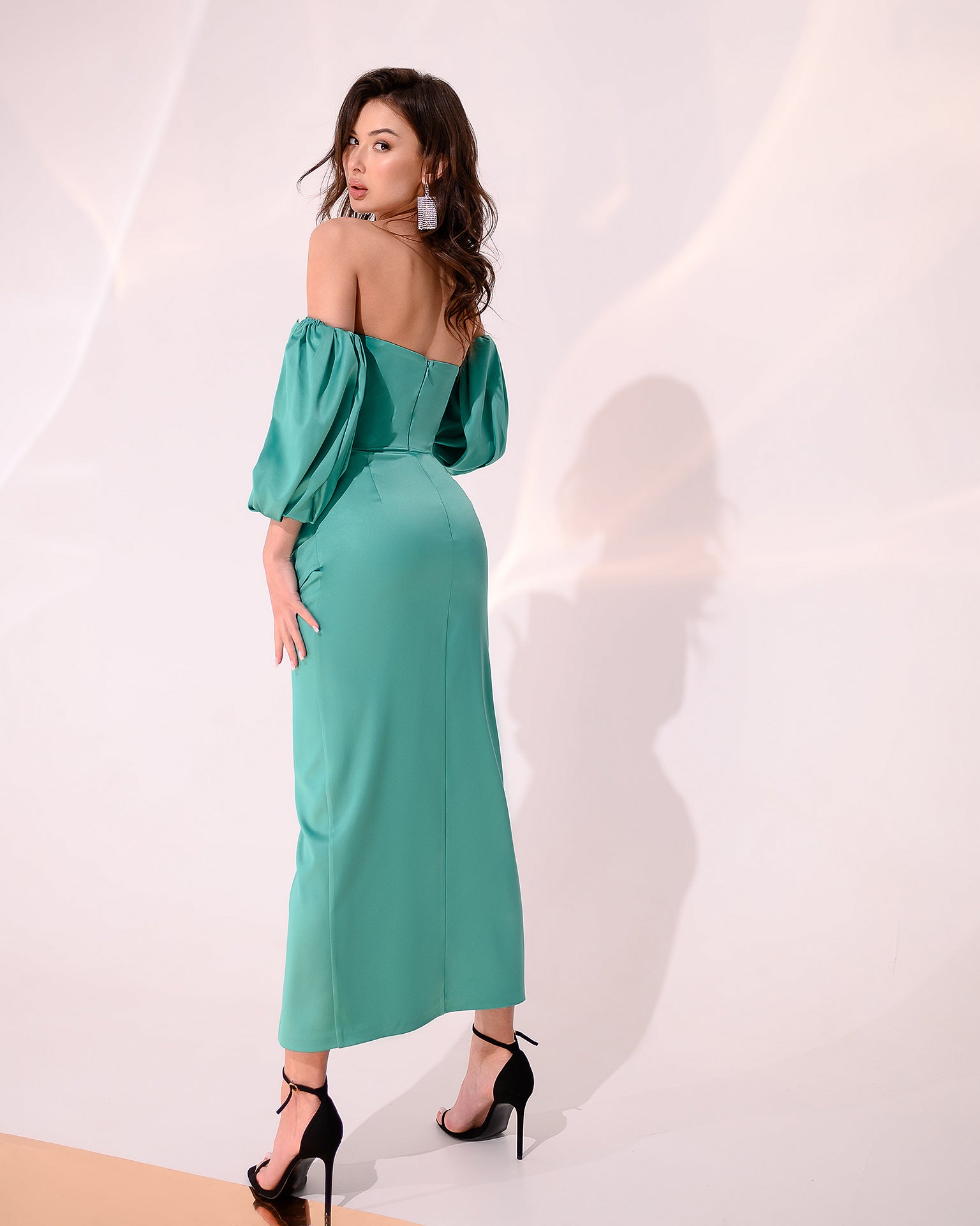 Mint Satin Puff-Sleeve Midi Dress