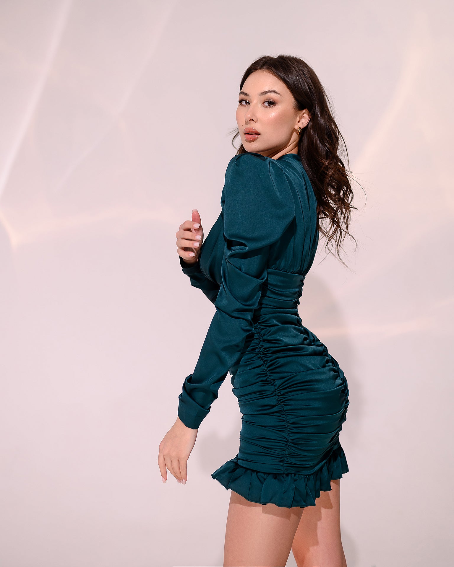 Emerald Silk Long Sleeve Ruched Mini Dress
