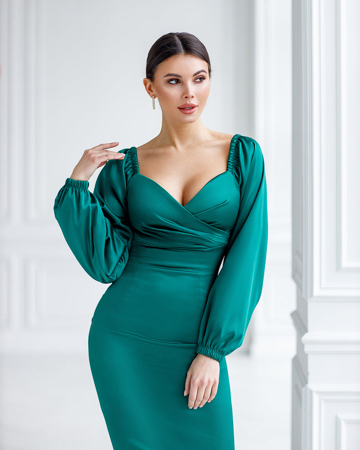 Emerald Satin Puff-Sleeve Midi Dress