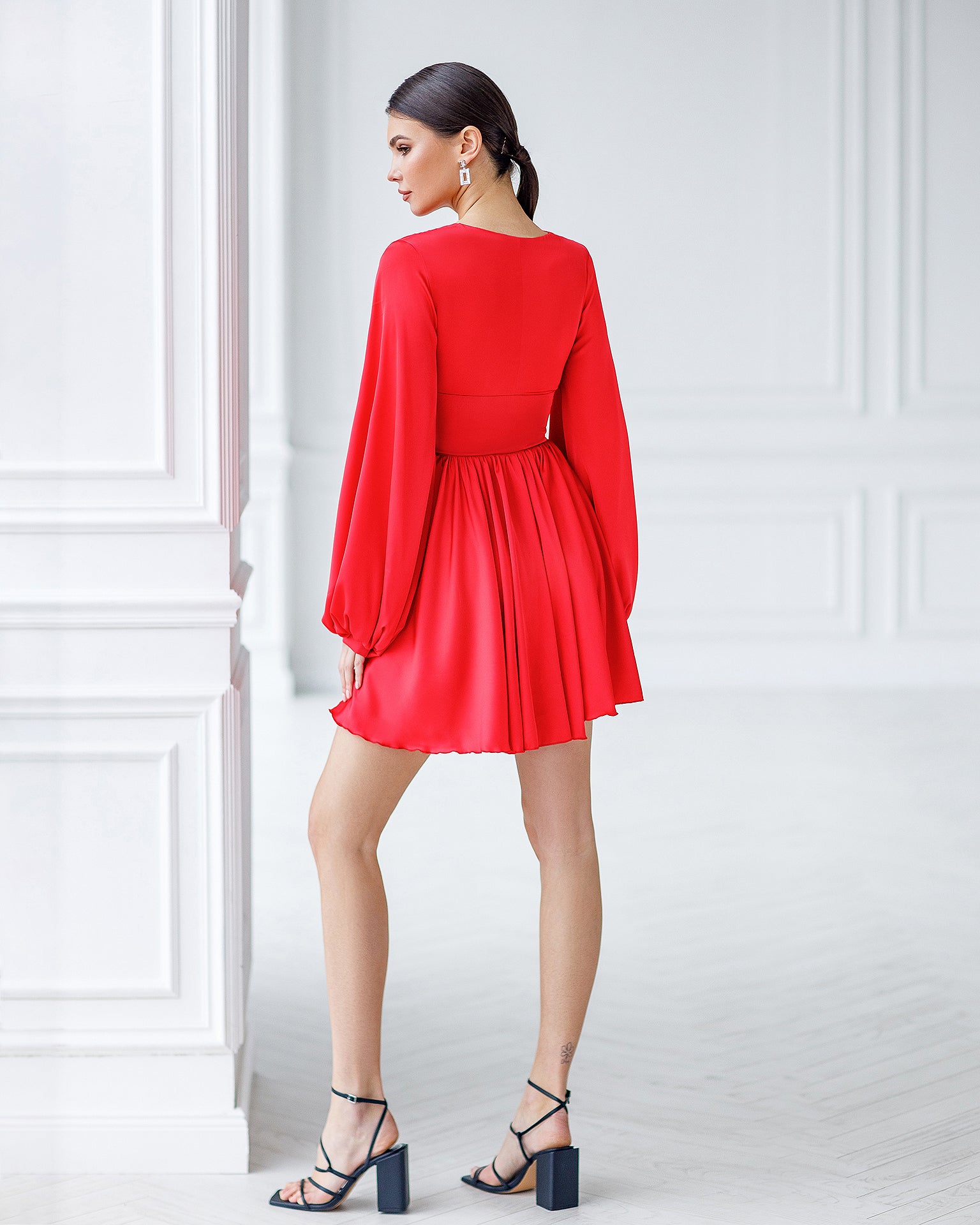 Red Silk Puff-Sleeve Mini Dress