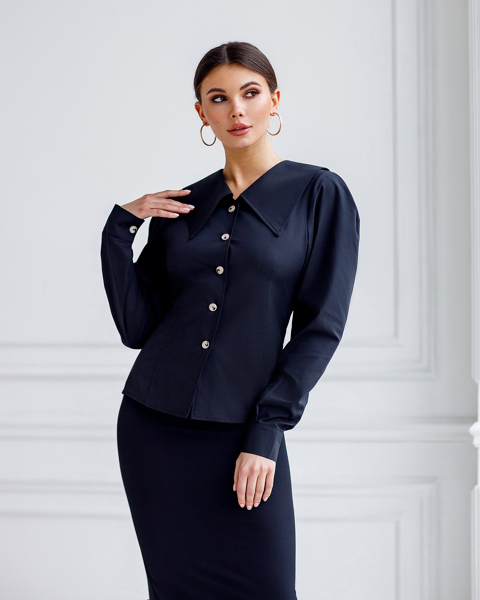 Black Puff Sleeve Collared Blouse