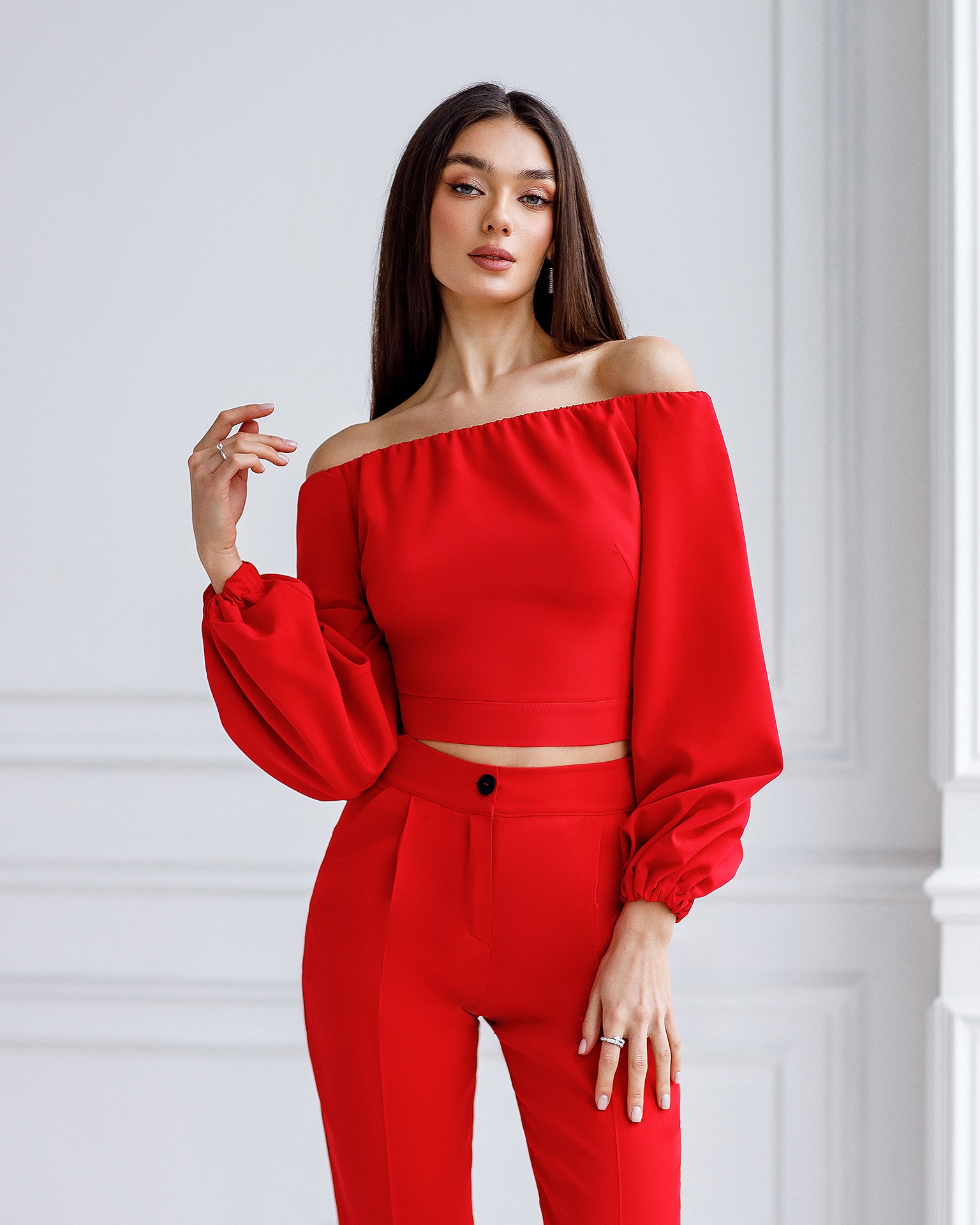 Red High Waisted Regular Fit Pants