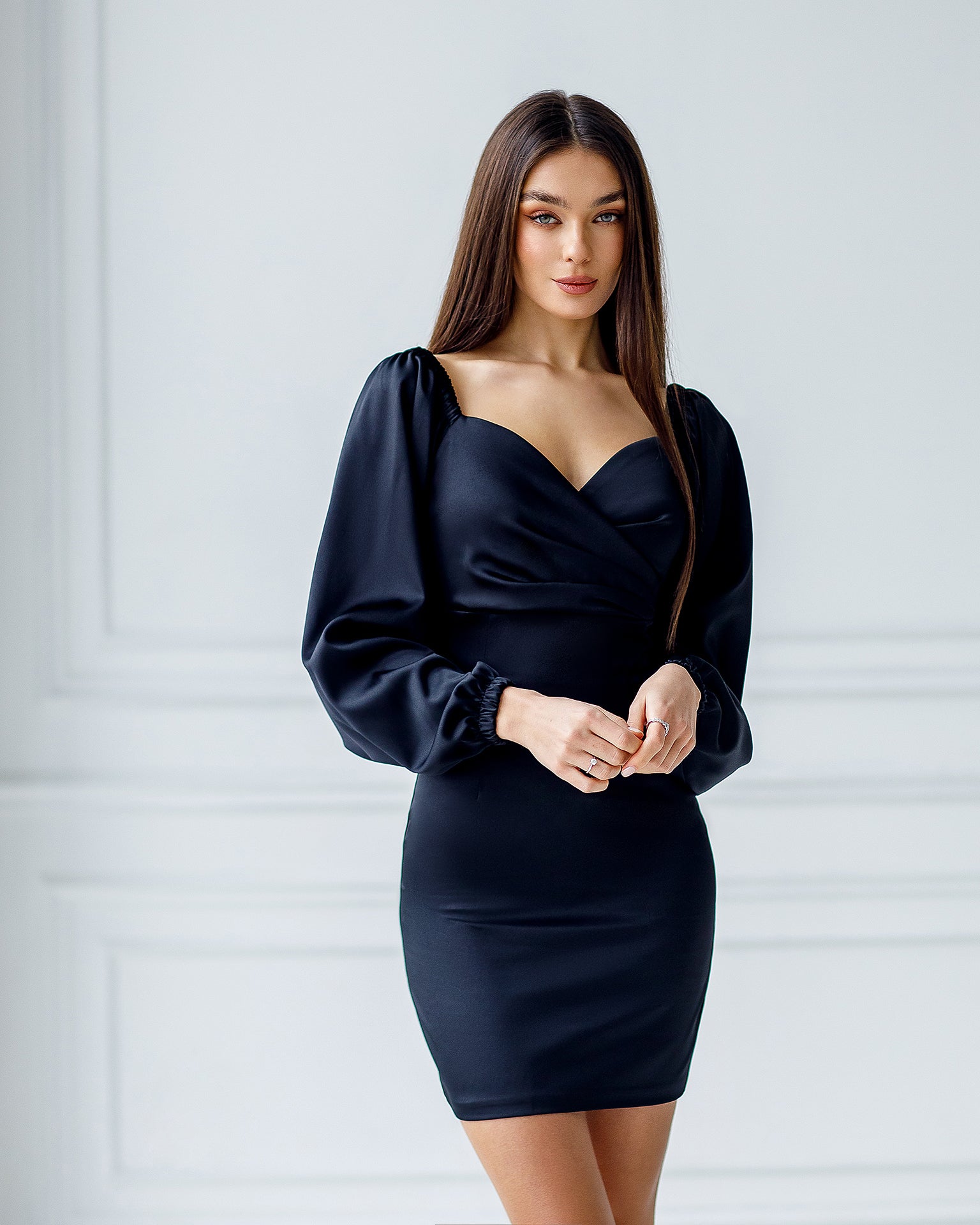 Black Satin Puff-Sleeve Mini Dress