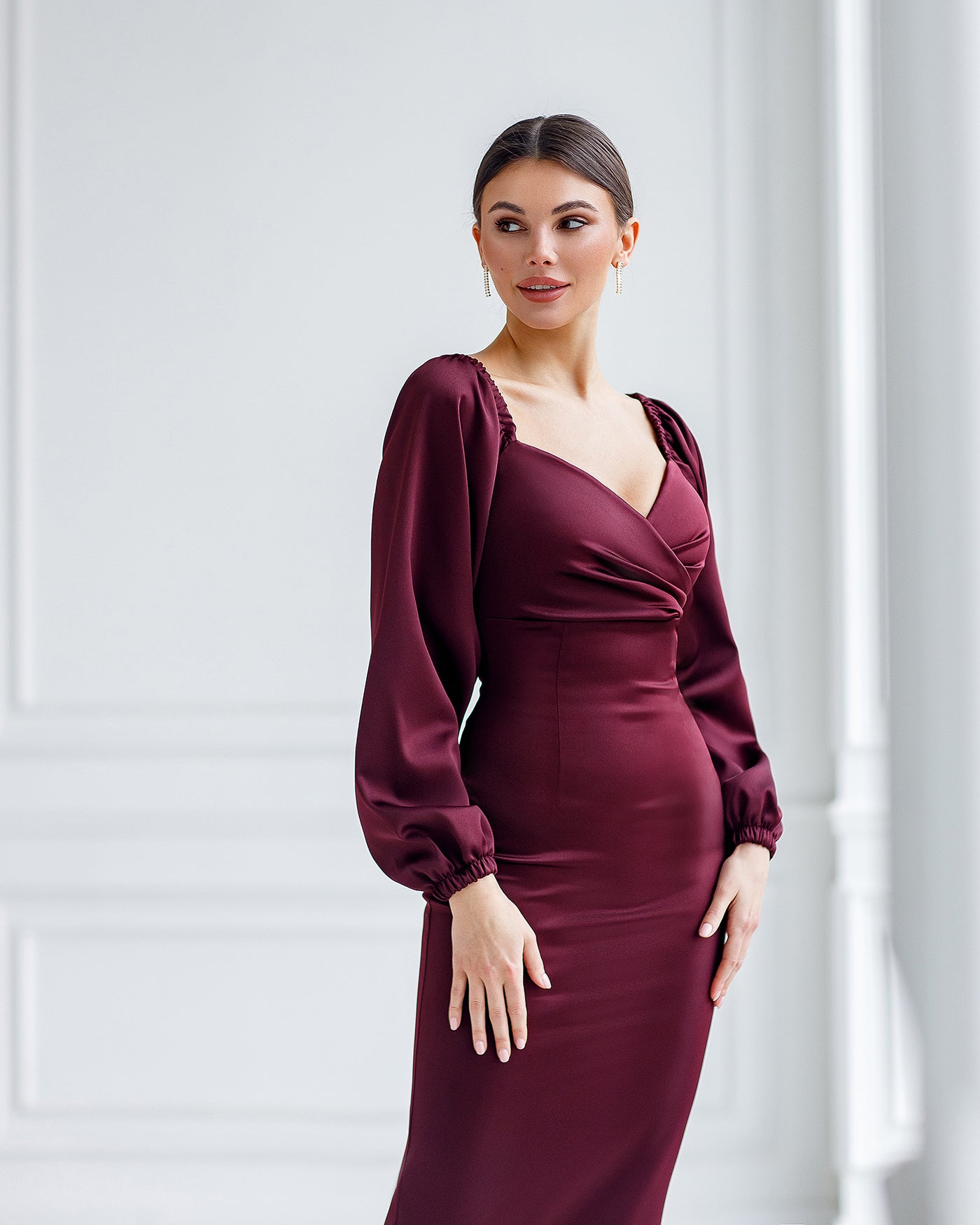 Bordeaux Satin Puff-Sleeve Midi Dress – ELAGIA