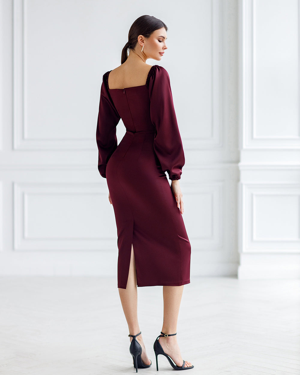 Bordeaux Satin Puff-Sleeve Midi Dress