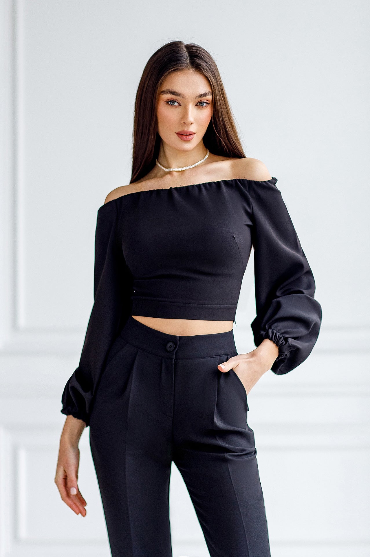 Black Off-The-Shoulder Puff-Sleeve Top