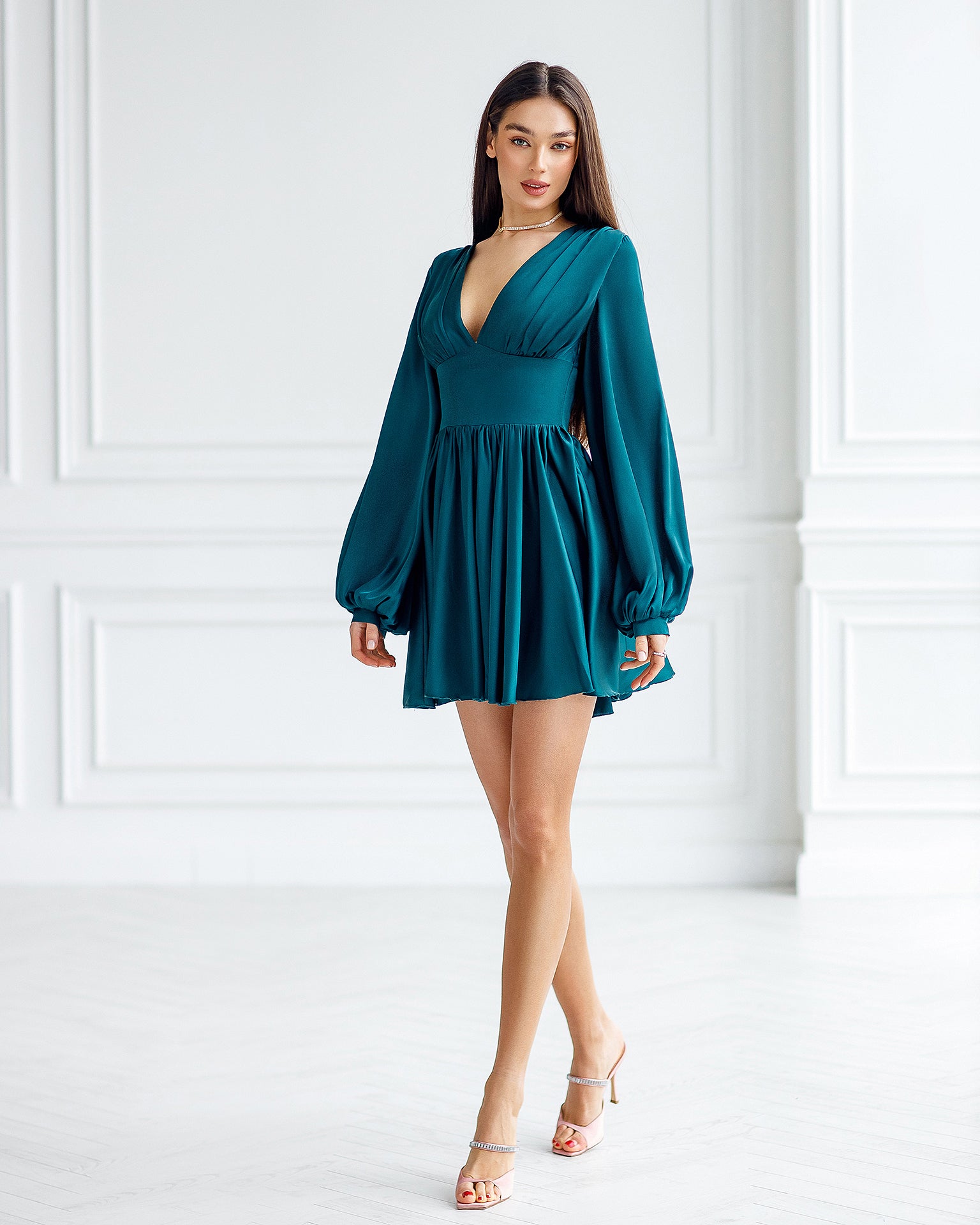 Emerald Silk Puff-Sleeve Mini Dress