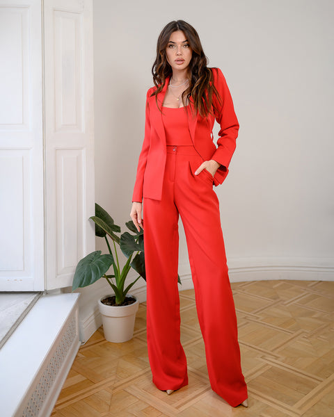 Red Belted Wide-Leg Suit 3-Piece – ELAGIA