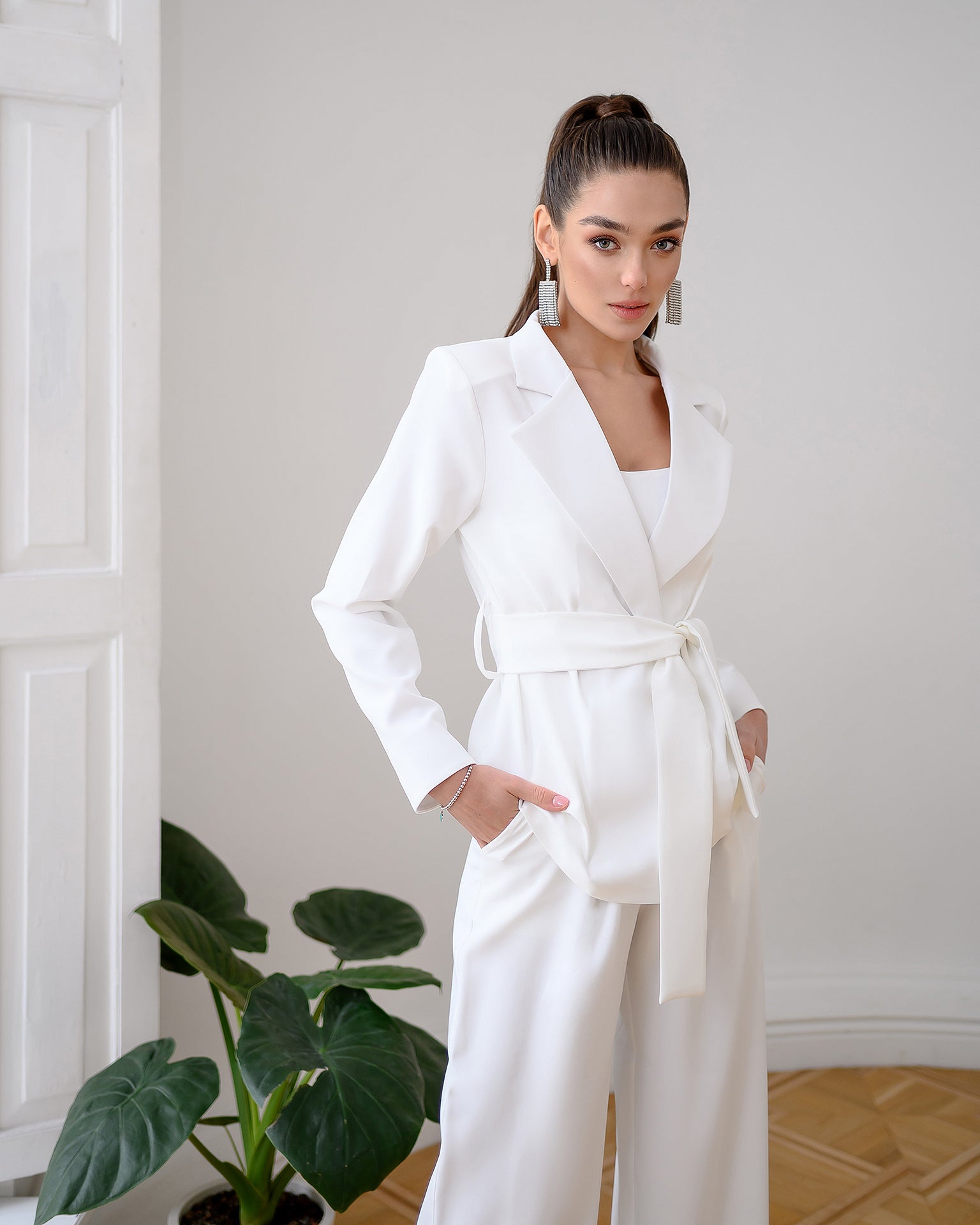 White Belted Wide-Leg Suit 3-Piece
