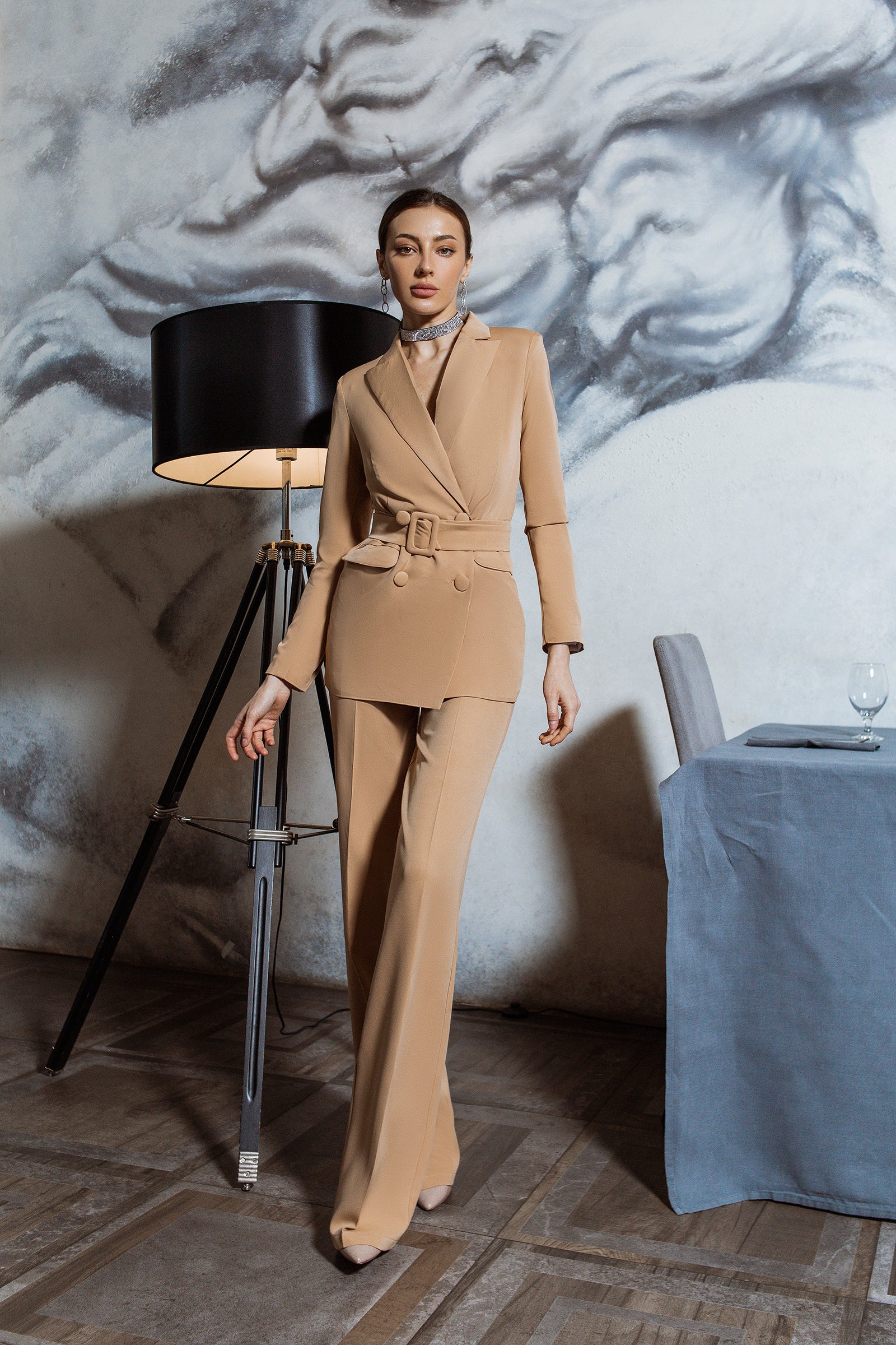 Beige Belted Double Breasted Suit 2-Piece