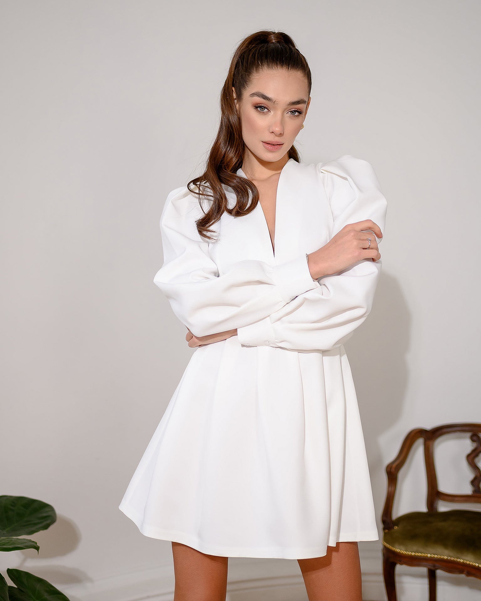 White Puff-Sleeve V-Neck Mini Dress