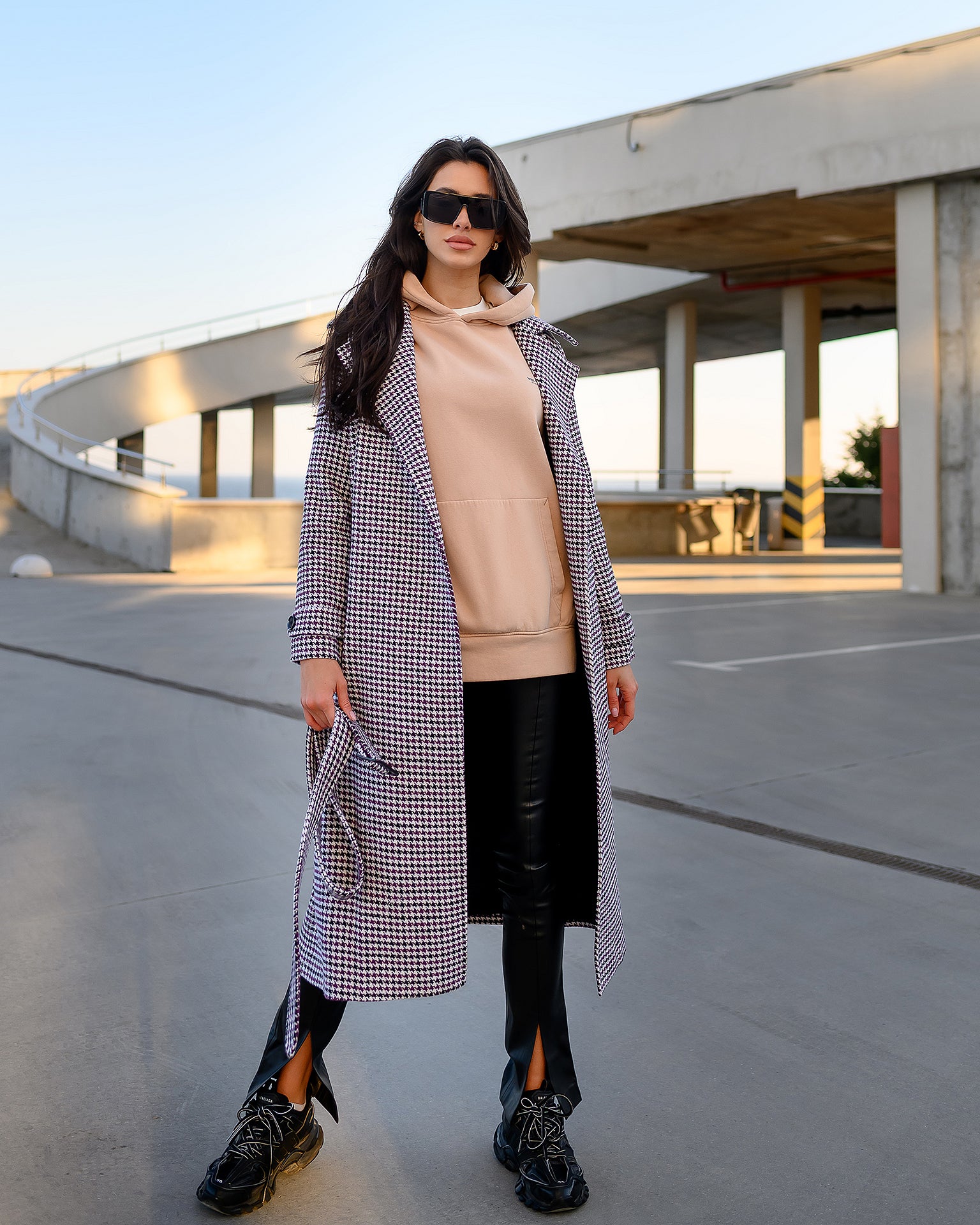 Casual Purple Checked Belted Coat