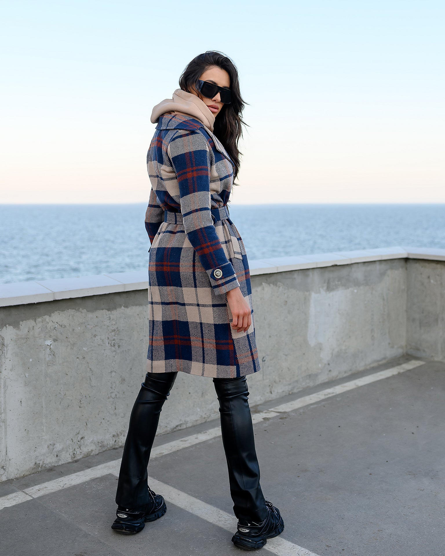 Navy Plaid Checked Belted Coat ELAGIA