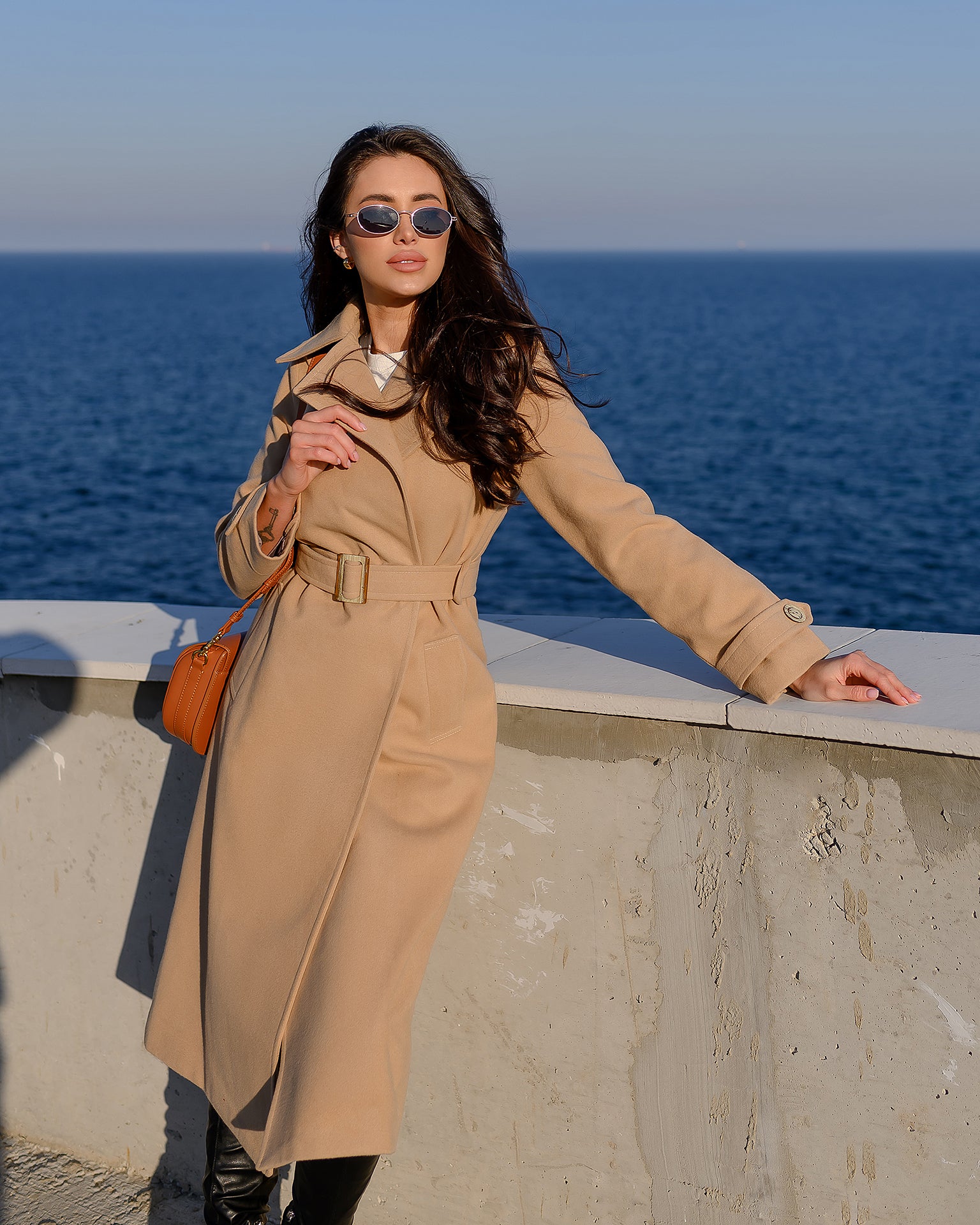 Casual Camel Wool Belted Coat