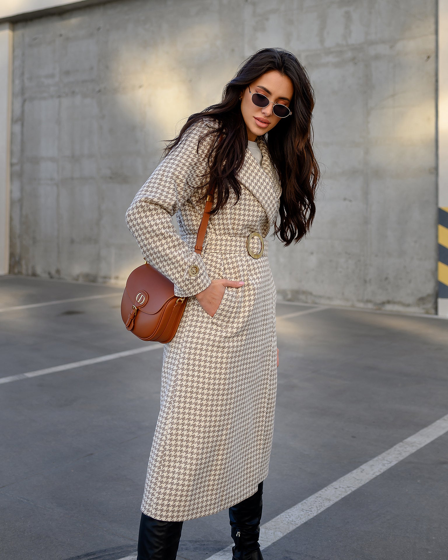 Casual Mustard Checked Belted Coat