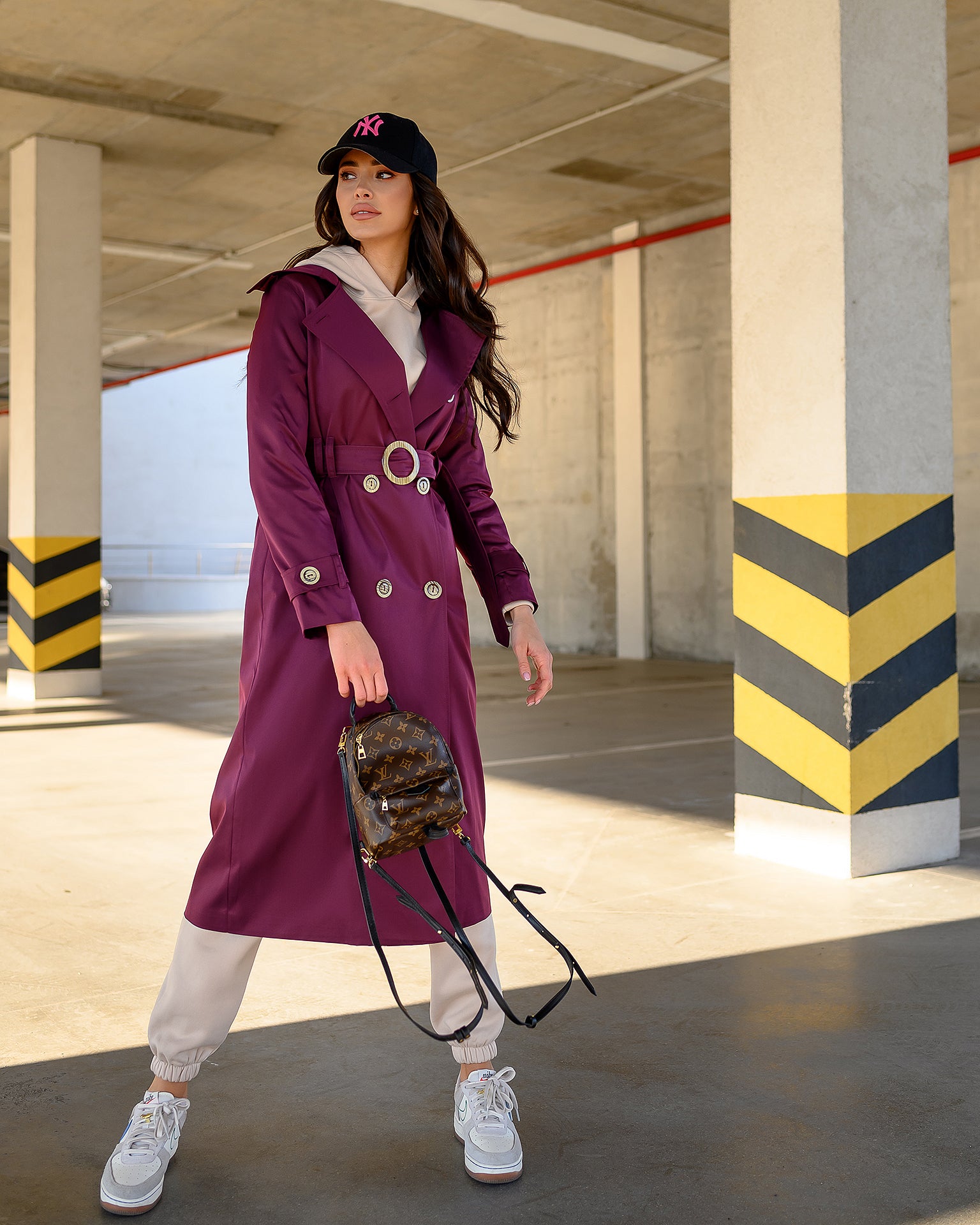 Bordeaux Double-Breasted Belted Trench Coat