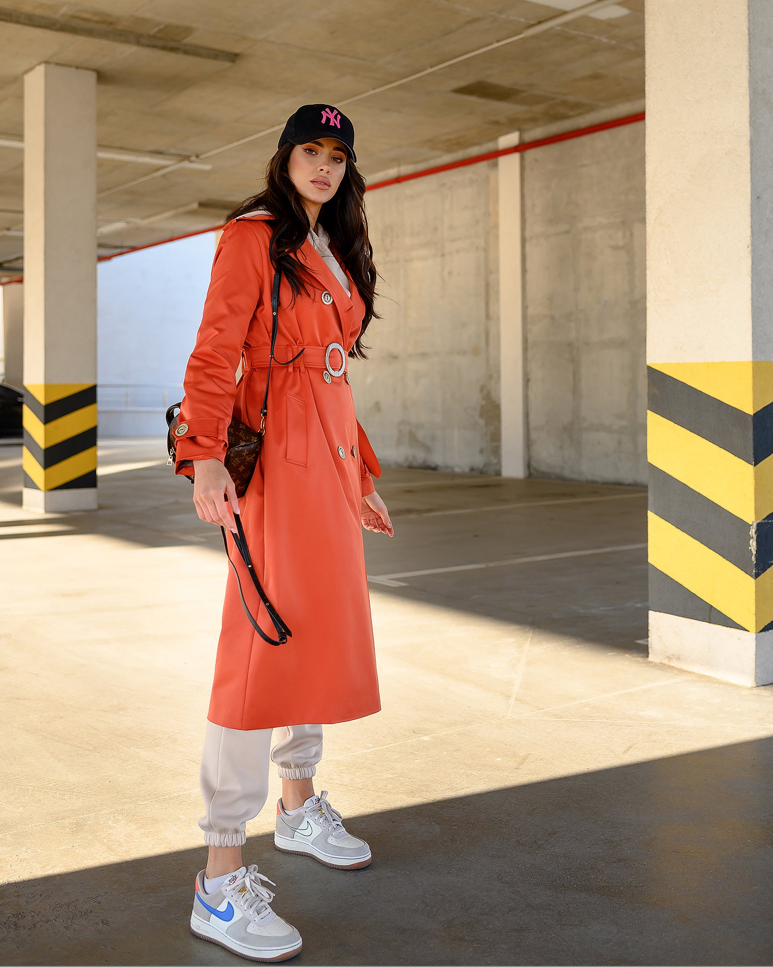 Orange Double-Breasted Belted Trench Coat