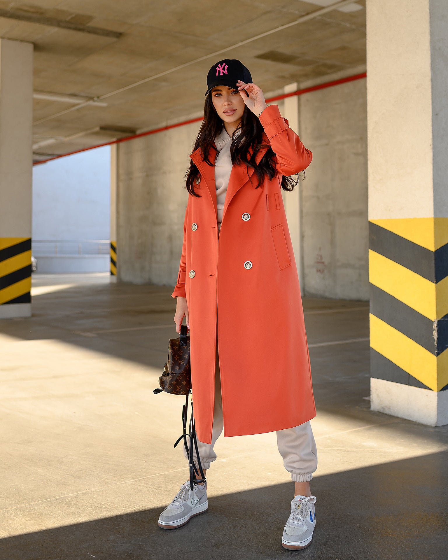 Orange Double Breasted Belted Trench Coat