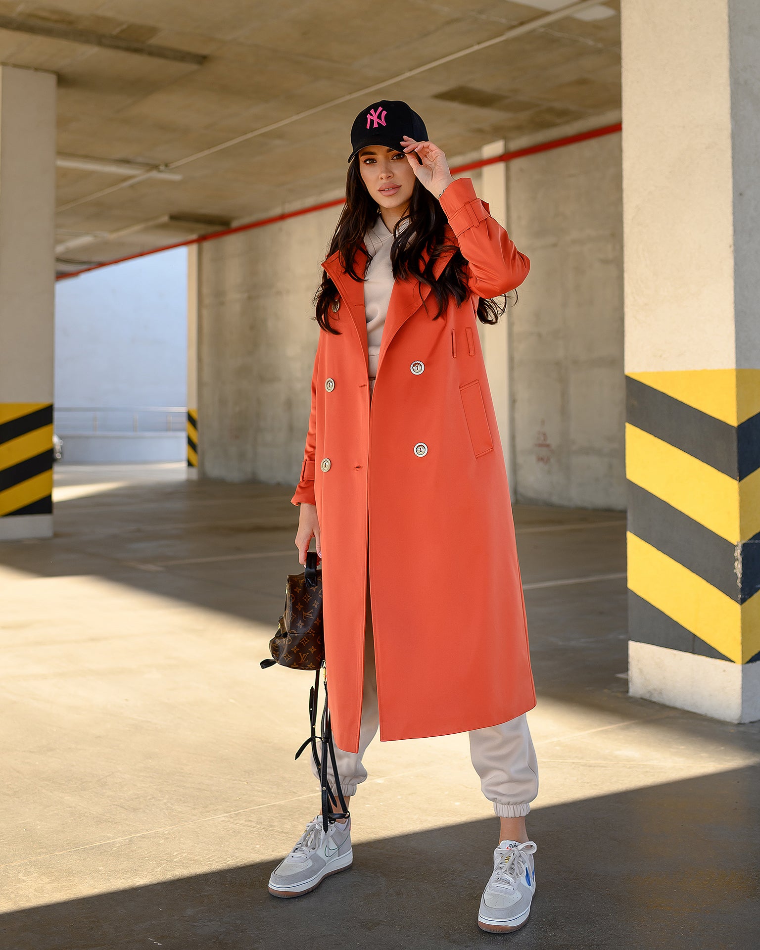 Orange Double-Breasted Belted Trench Coat