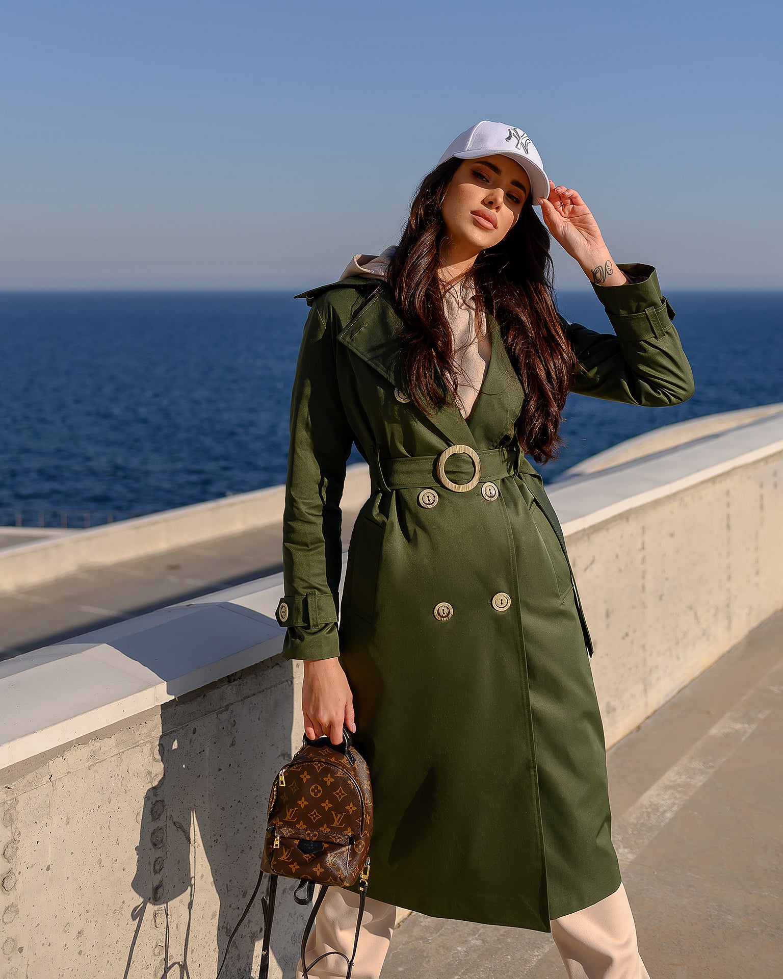 Khaki Double-Breasted Belted Trench Coat