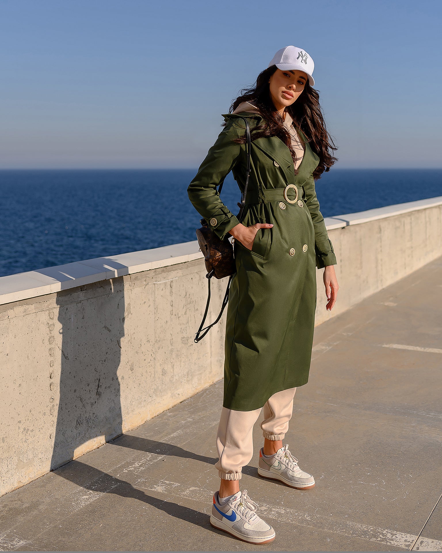 Khaki Double-Breasted Belted Trench Coat