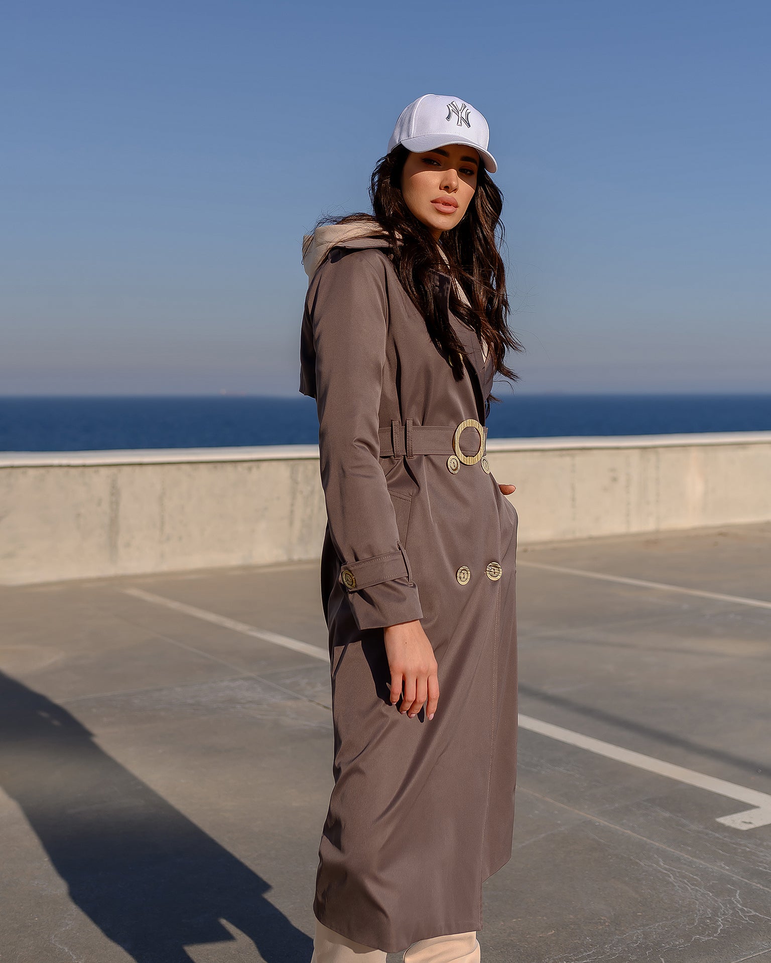 Brown Double-Breasted Belted Trench Coat