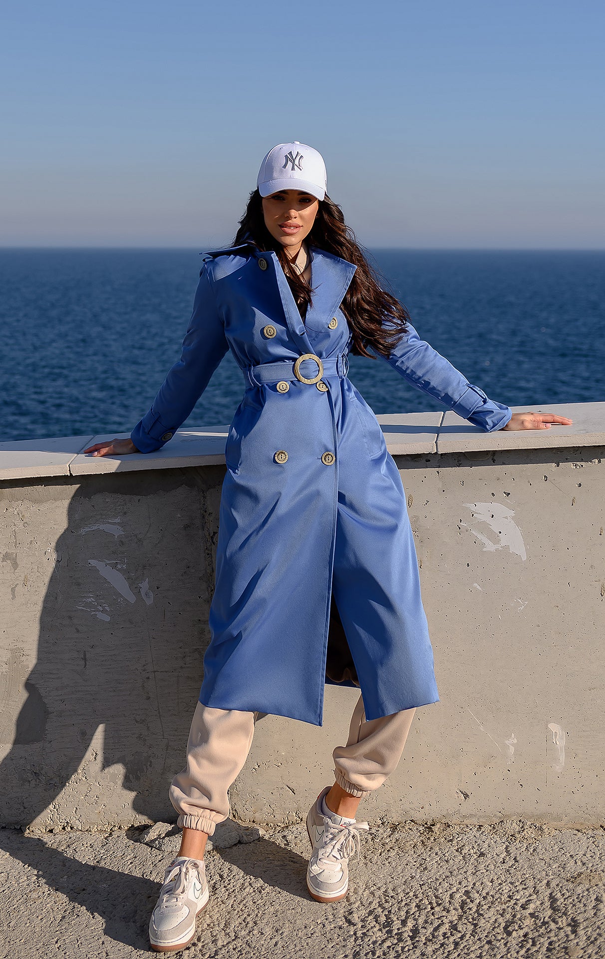 Blue Double-Breasted Belted Trench Coat