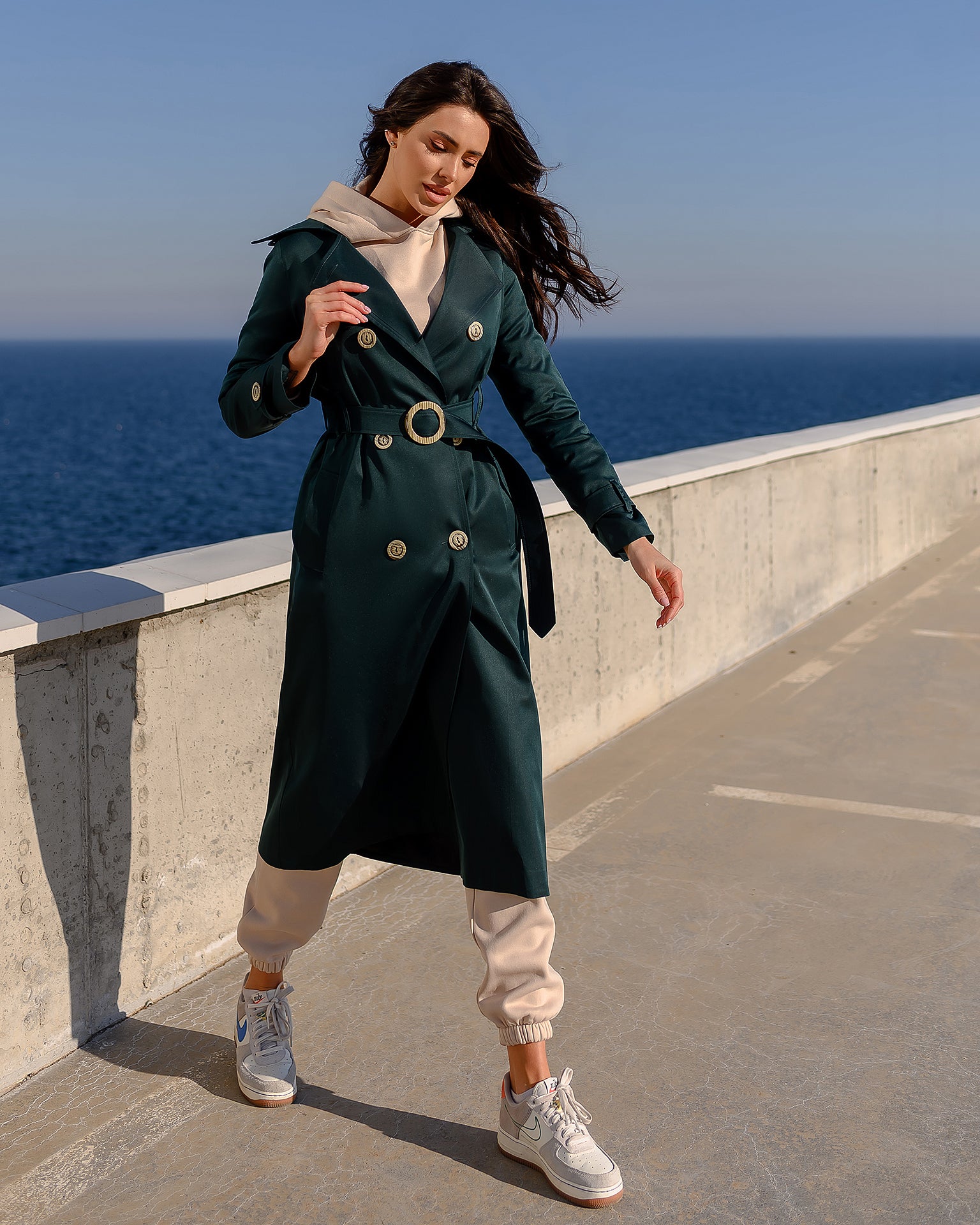 Dark Green Double-Breasted Belted Trench Coat
