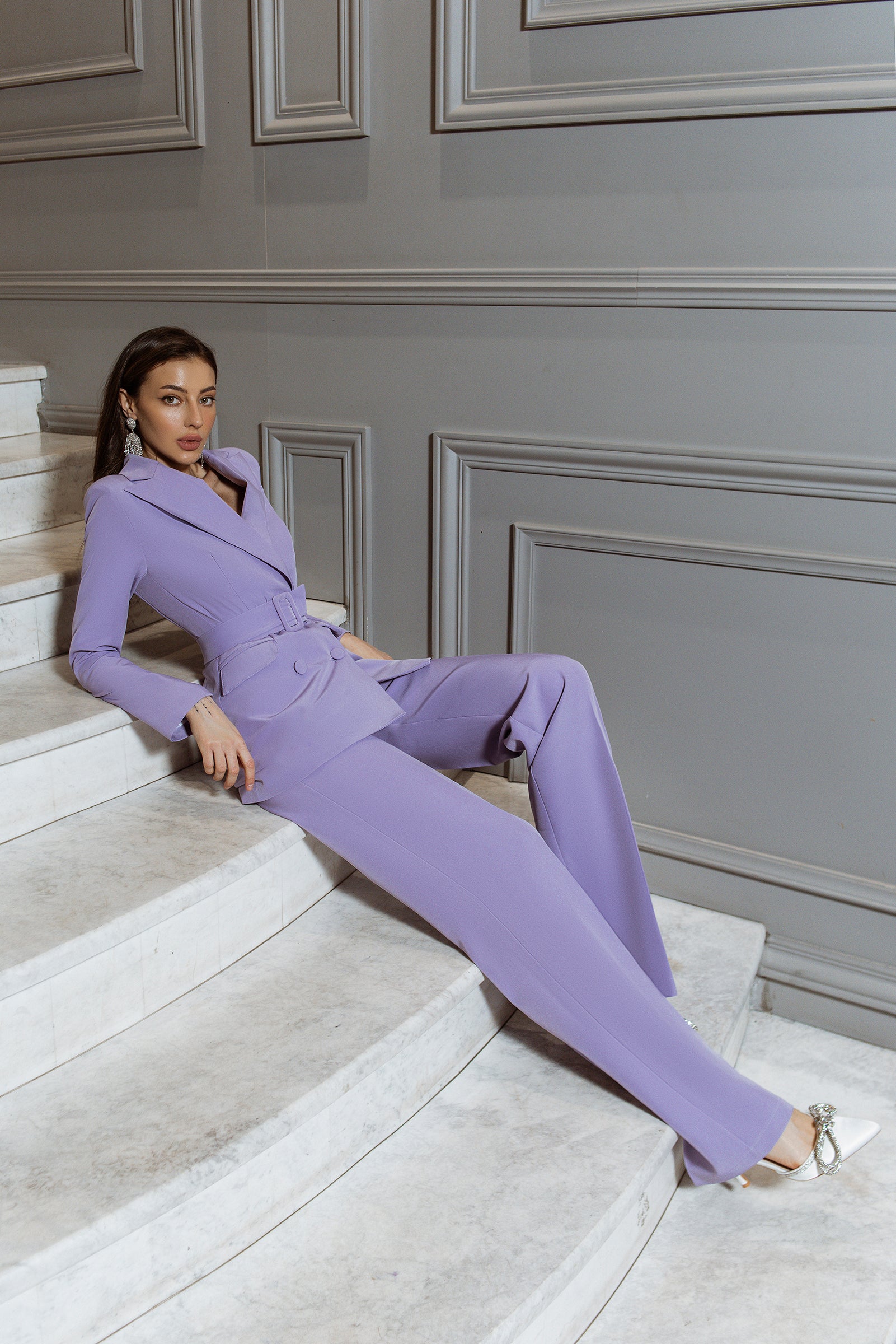 Lavender Belted Double Breasted Suit 2-Piece