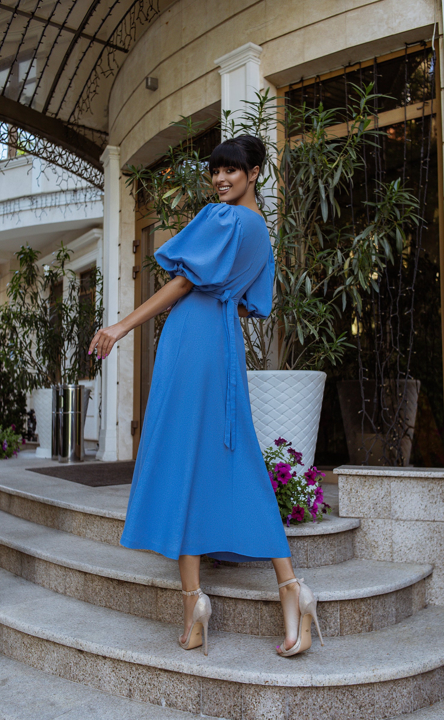 Blue Puff-Sleeve Wrap Midi Dress