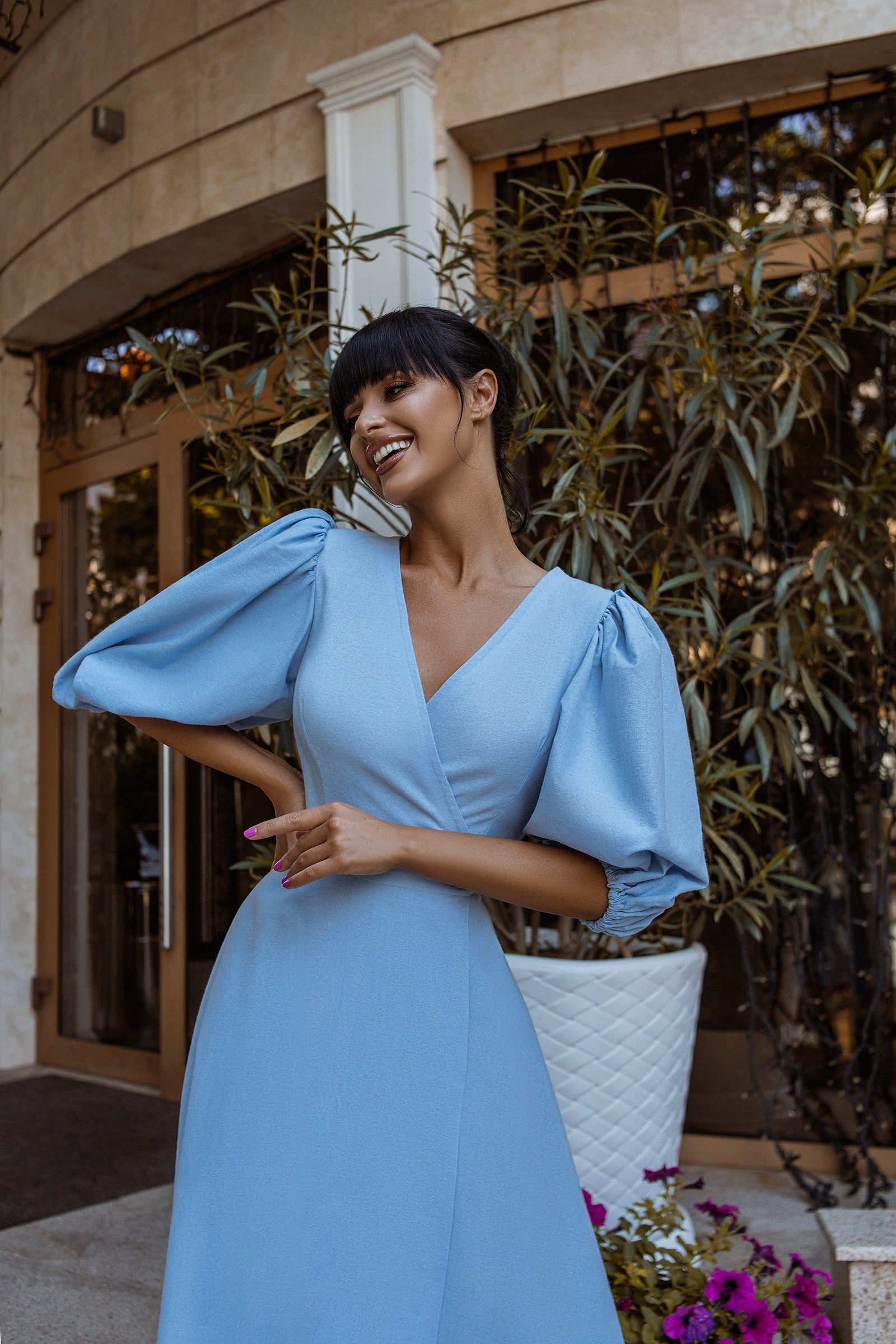 Sky Blue Puff Sleeve Wrap Midi Dress ELAGIA