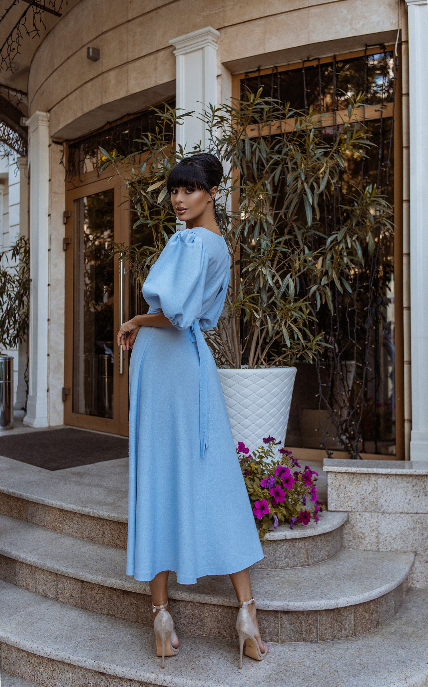 Sky-Blue Puff-Sleeve Wrap Midi Dress – ELAGIA