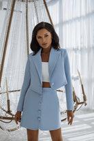 Sky-Blue Crop Jacket Skirt Suit 2-Piece