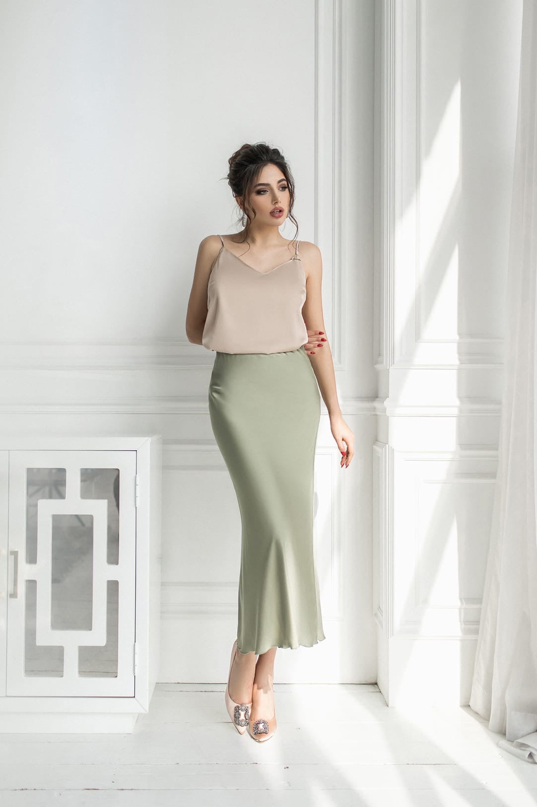 Olive Silk High Waist Midi Skirt