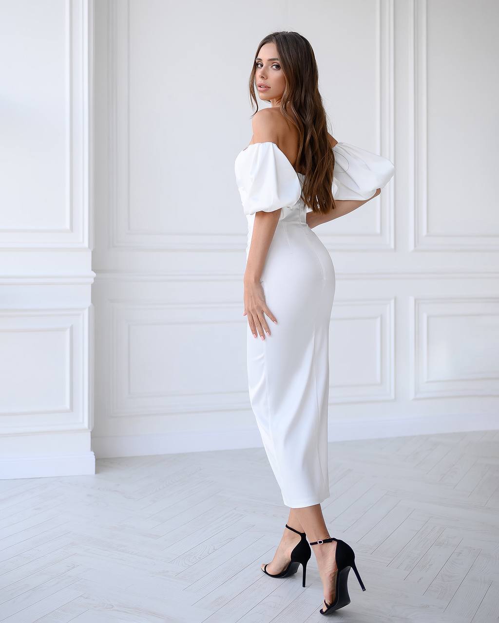 White Satin Puff-Sleeve Midi Dress